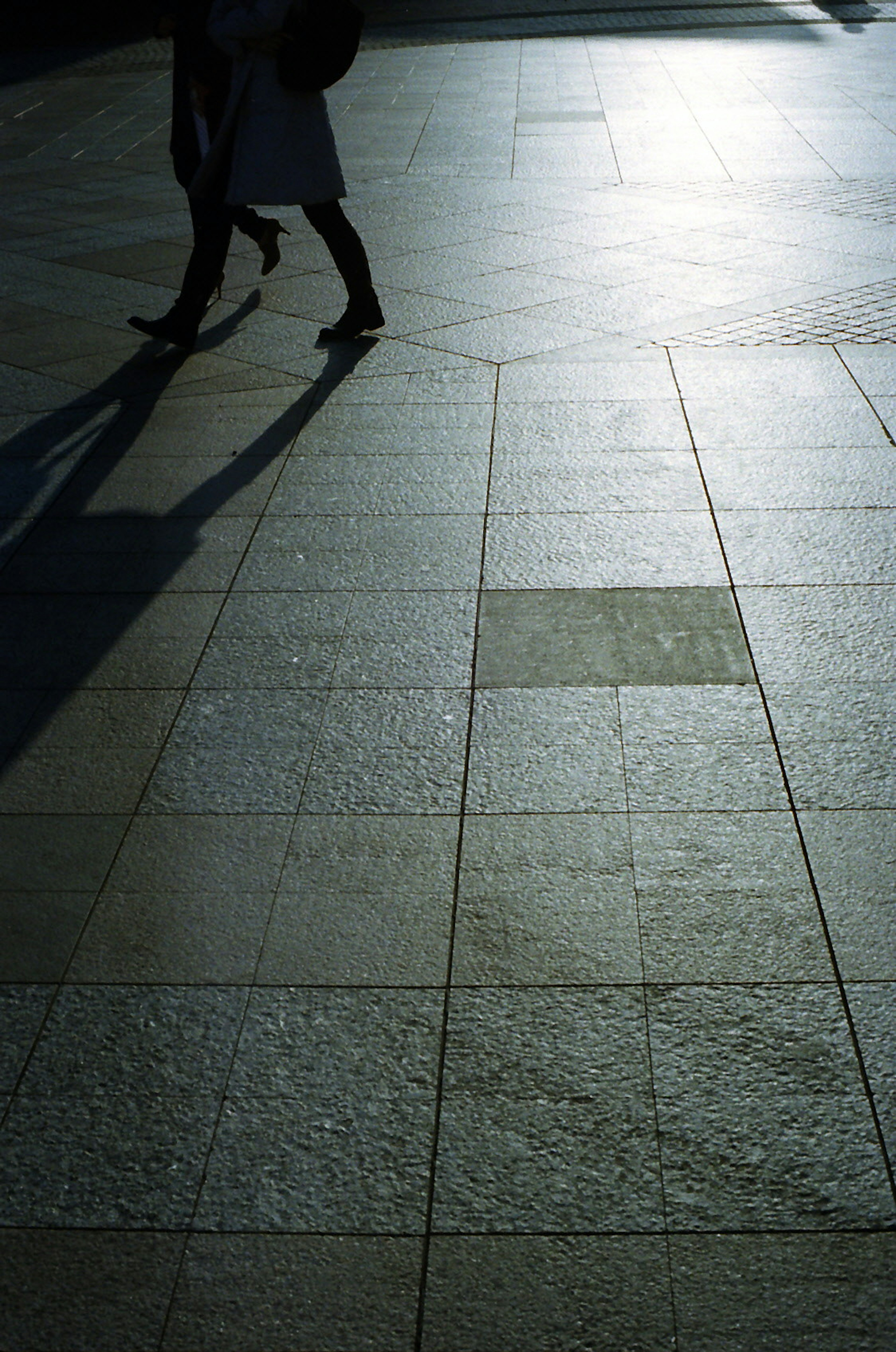 Feet of people walking on a sunlit pavement with shadows