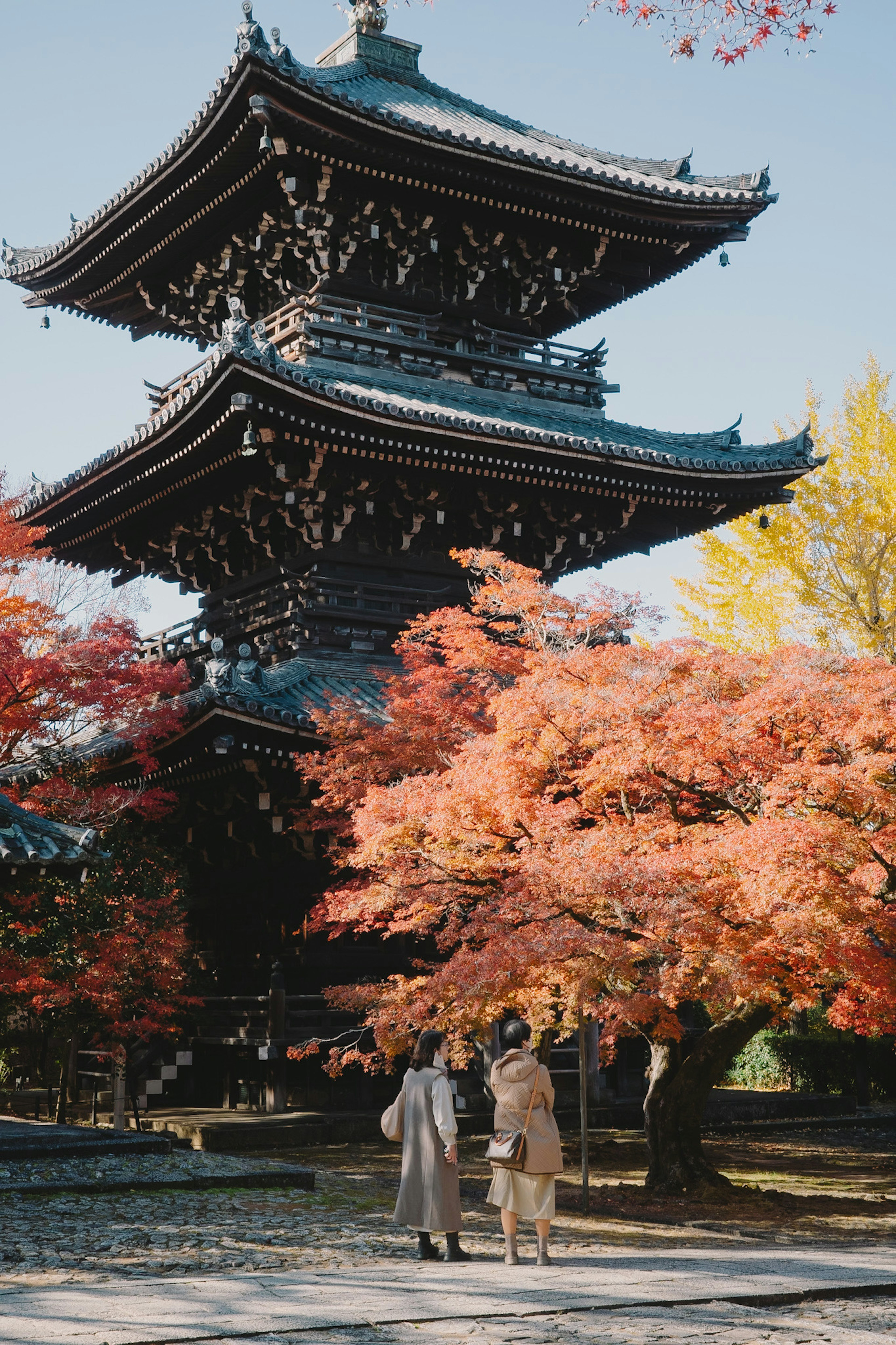 Deux personnes se tenant devant un feuillage d'automne vibrant et une pagode japonaise traditionnelle