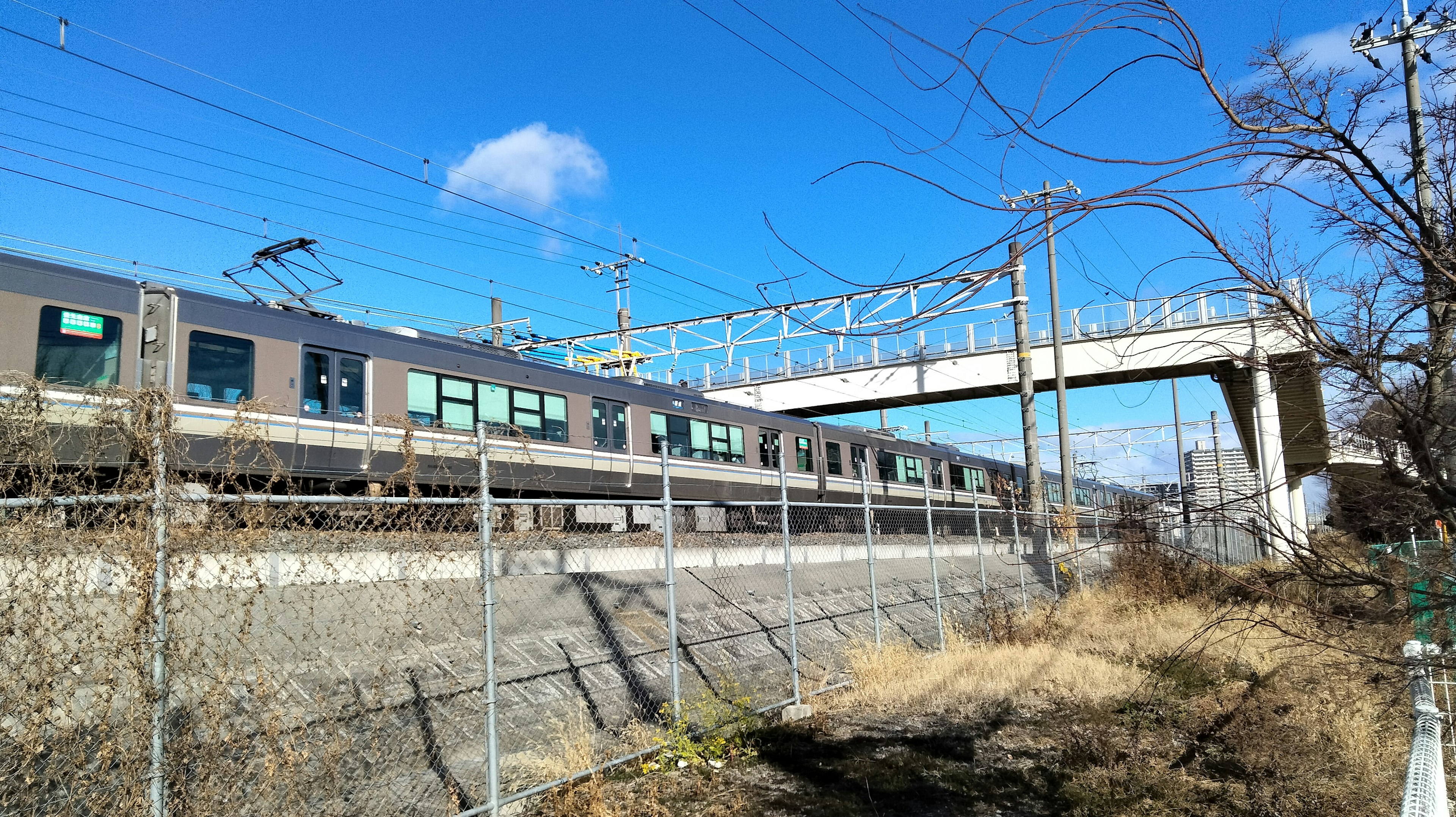 Train passing under a bridge on a clear blue sky day