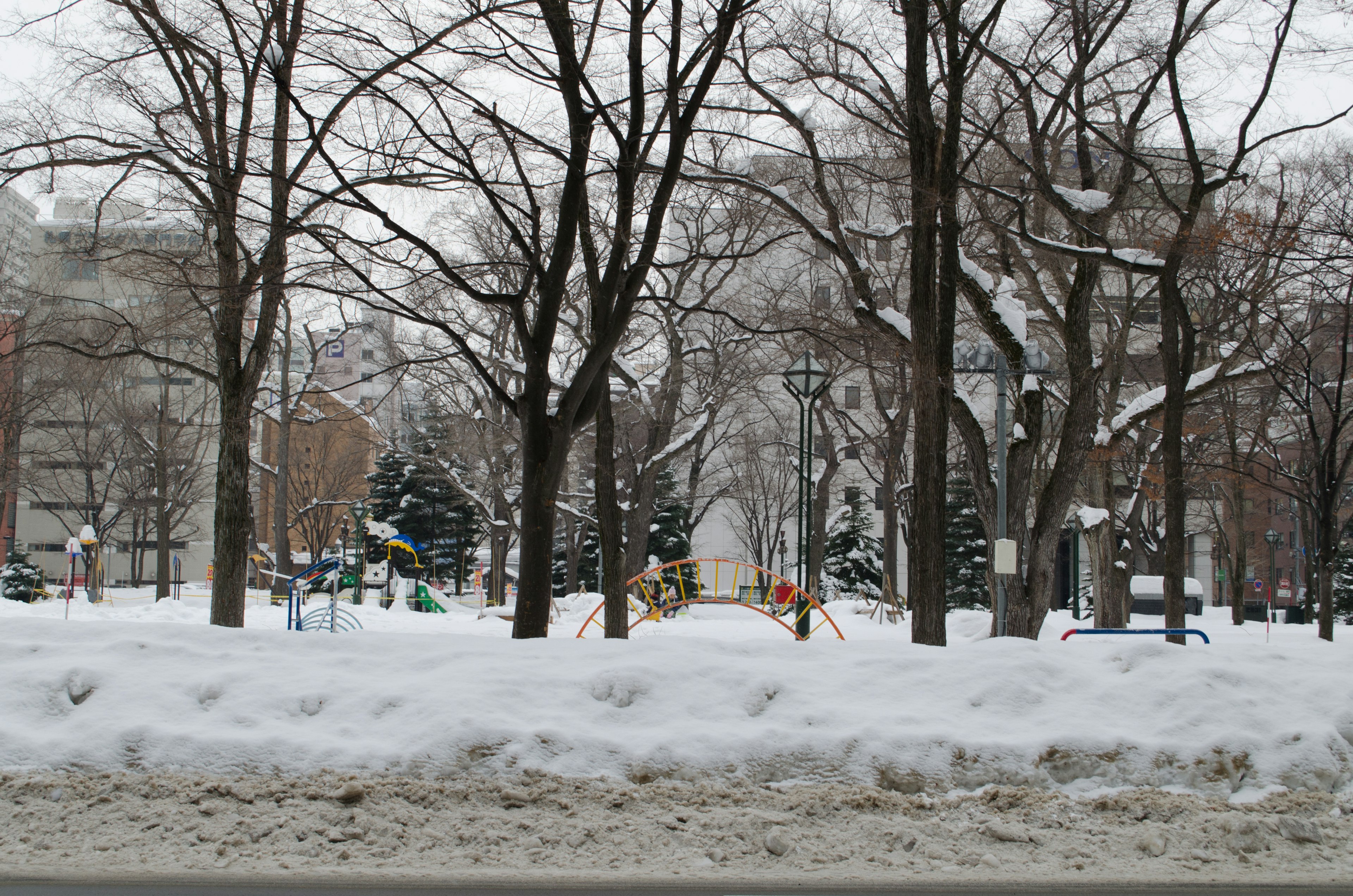 Escena de parque cubierto de nieve con árboles y equipo de juegos en invierno