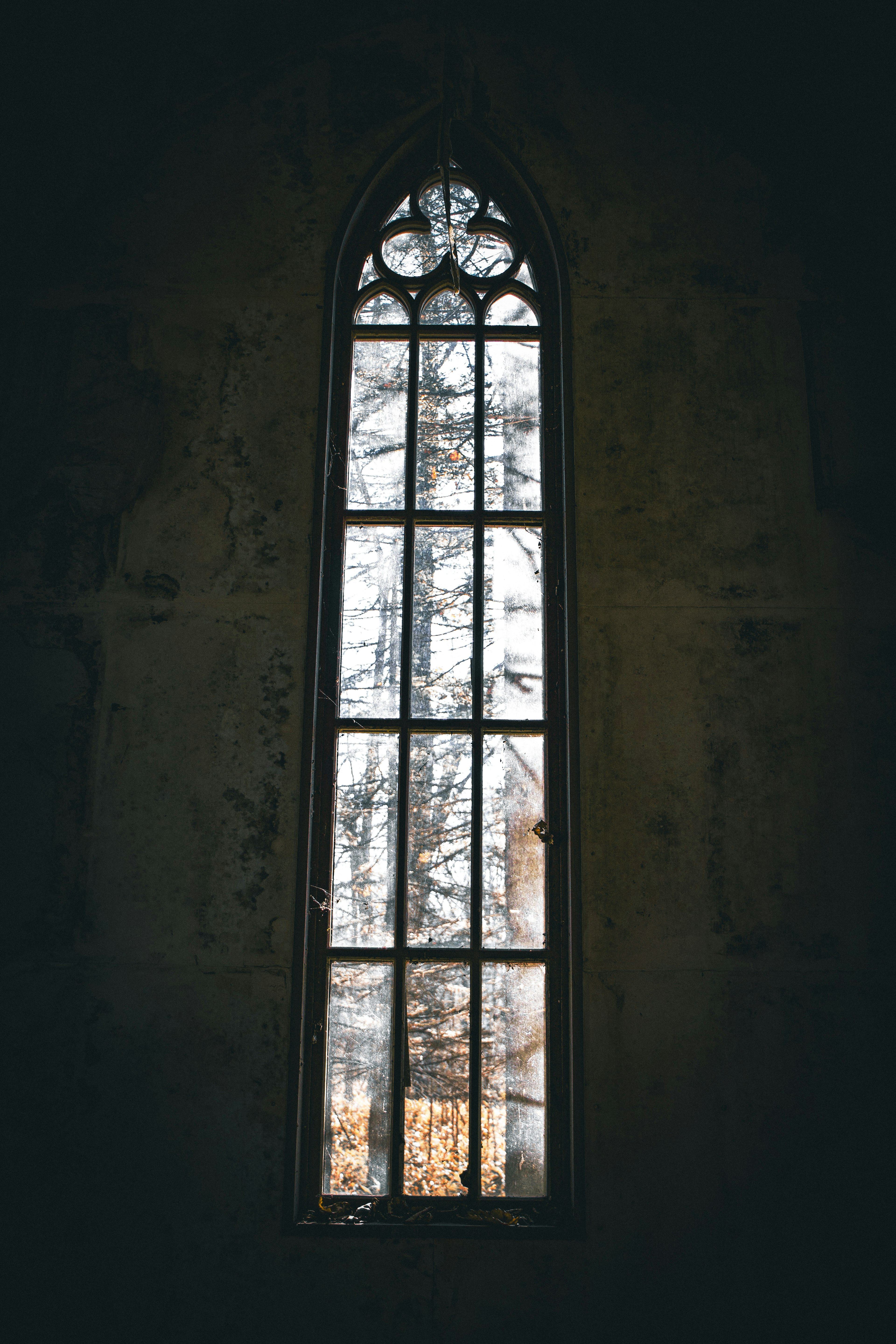 Blick auf Winterbäume durch ein altes Kirchenfenster