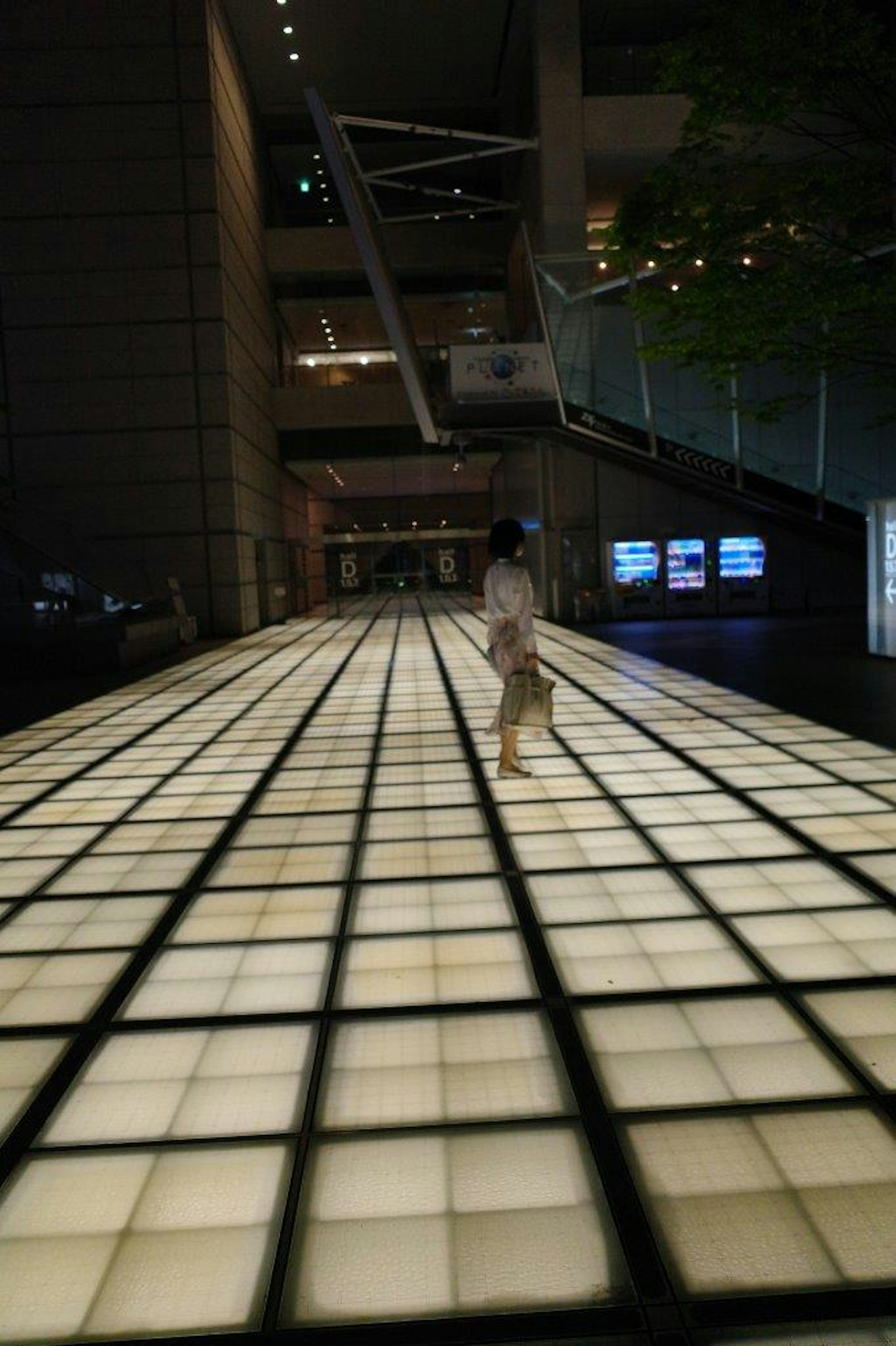 Silueta de una mujer caminando sobre un suelo de azulejos brillante con un fondo de edificio moderno