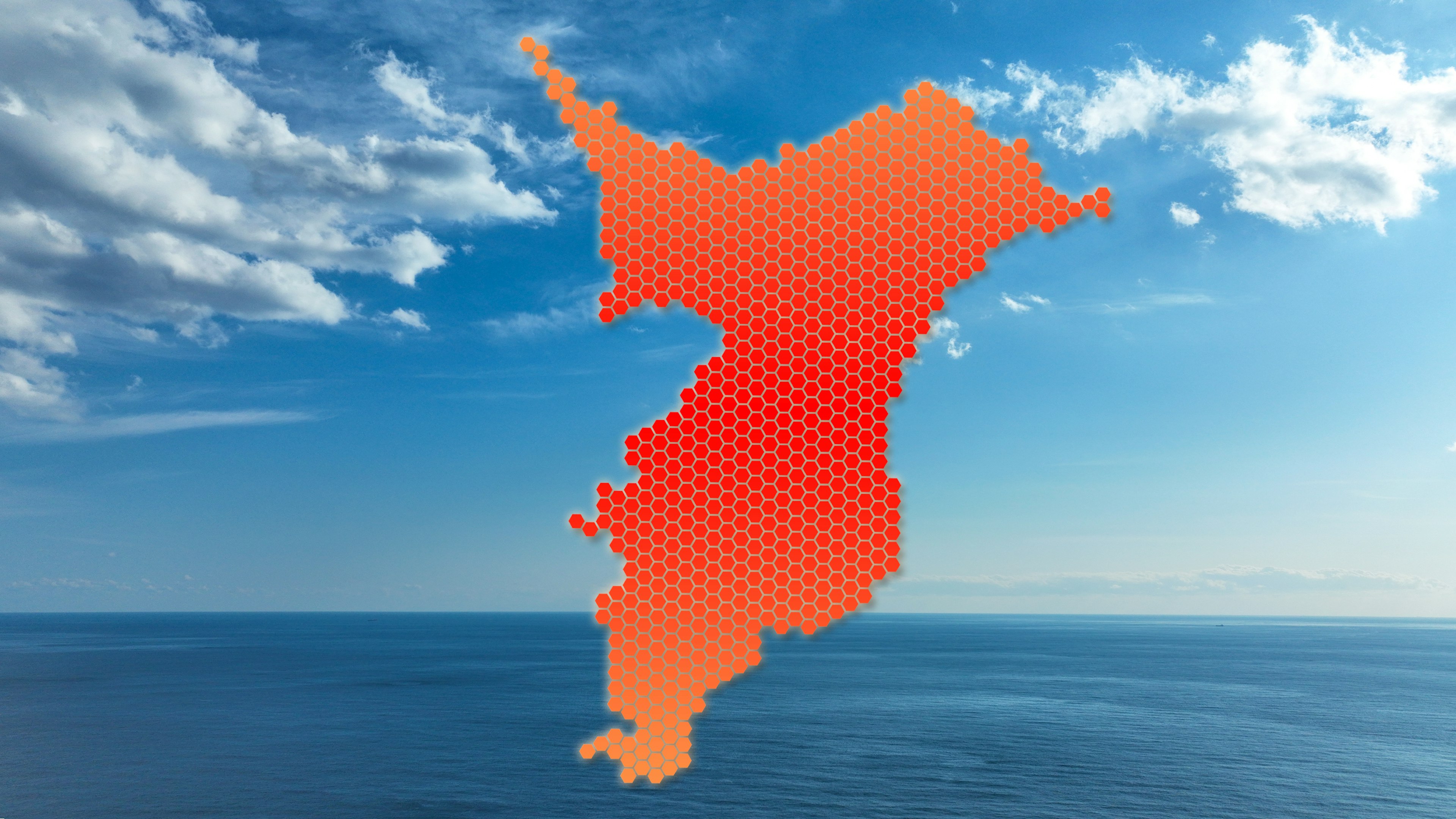 Orange map of North Korea against a blue sky and ocean background