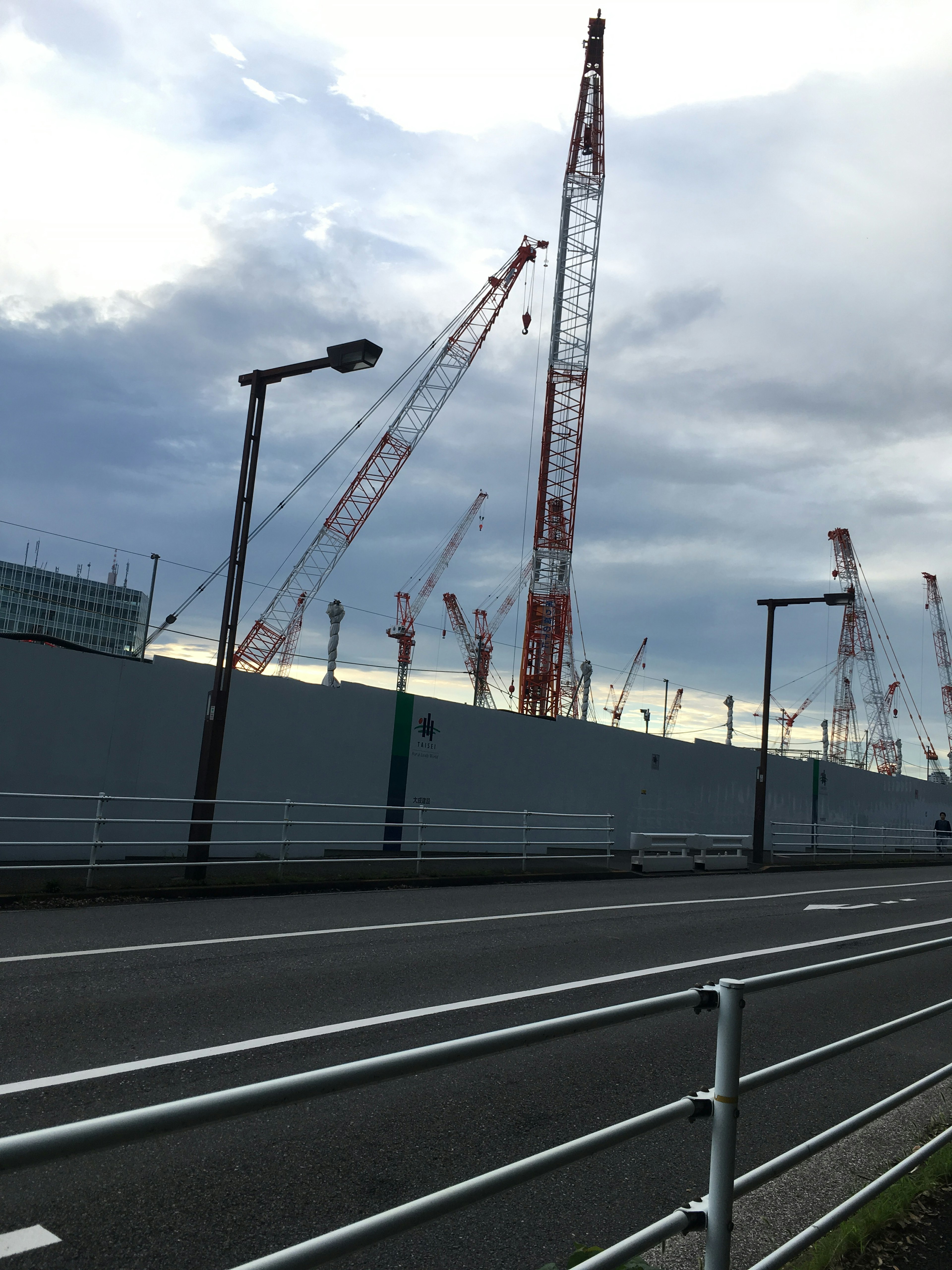 Red cranes along the roadside under a cloudy sky