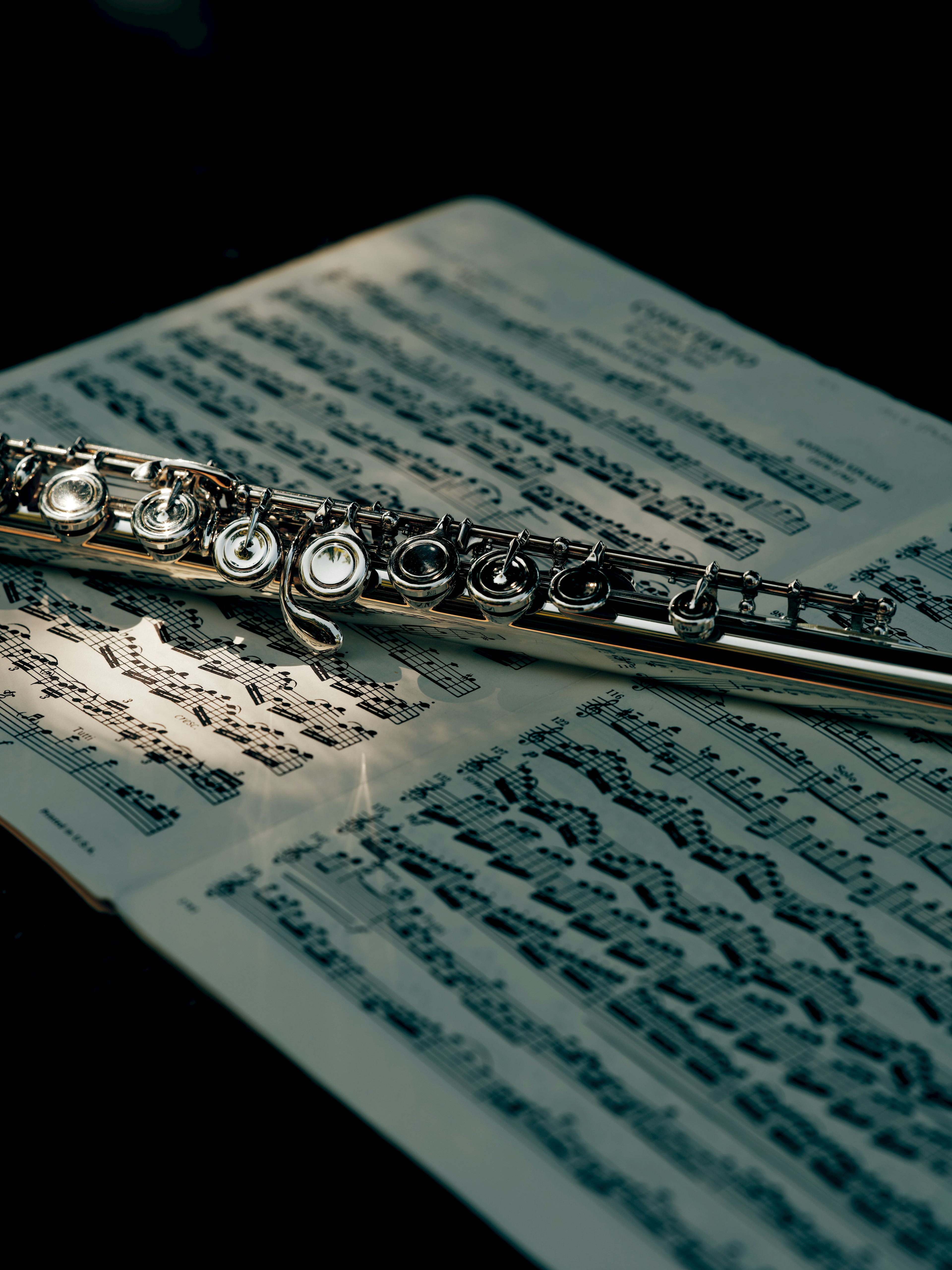 A beautiful image of a flute resting on sheet music