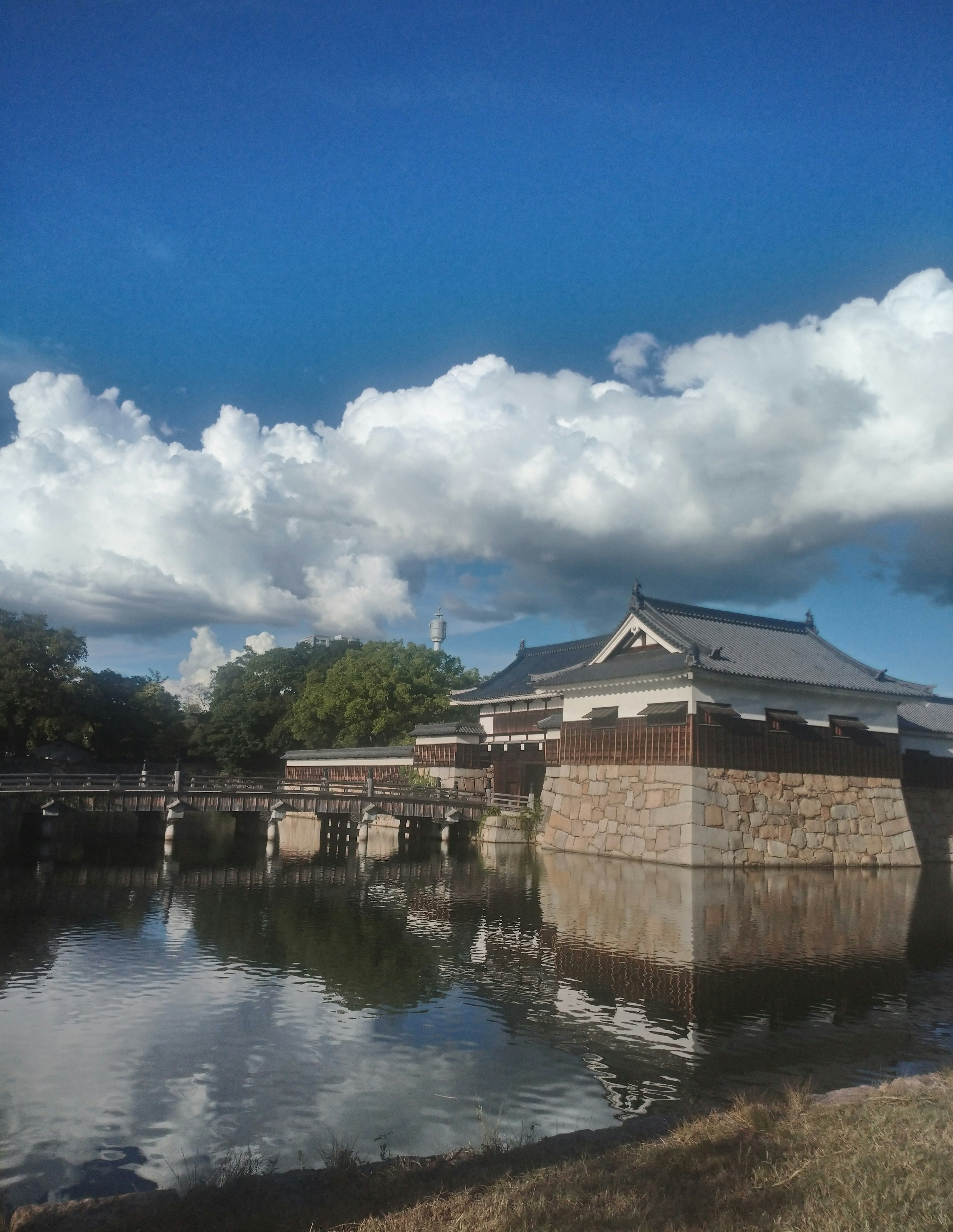 Historische Burg, die sich im Wasser spiegelt, mit blauem Himmel und Wolken