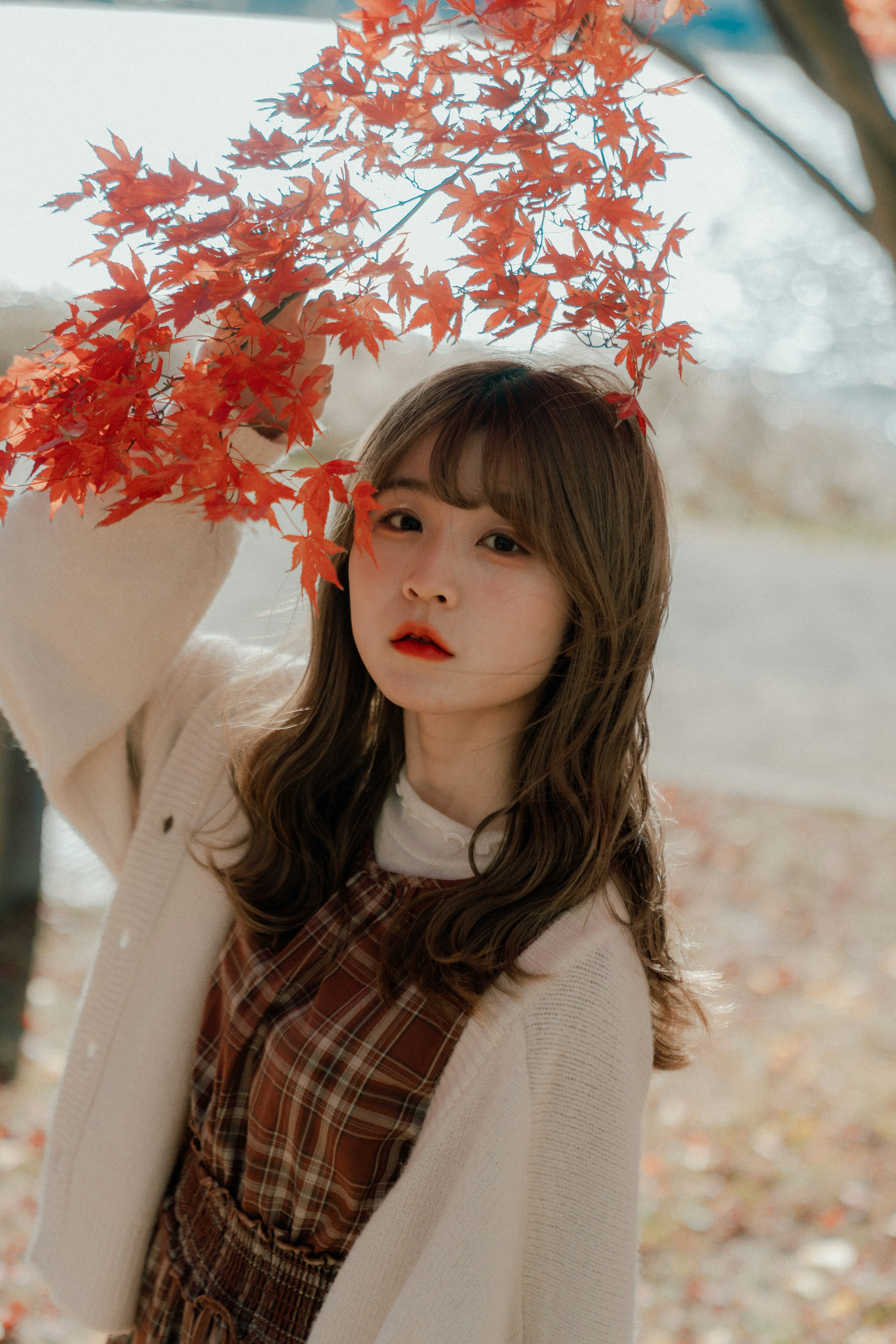 秋の紅葉を背景にした女性のポートレート