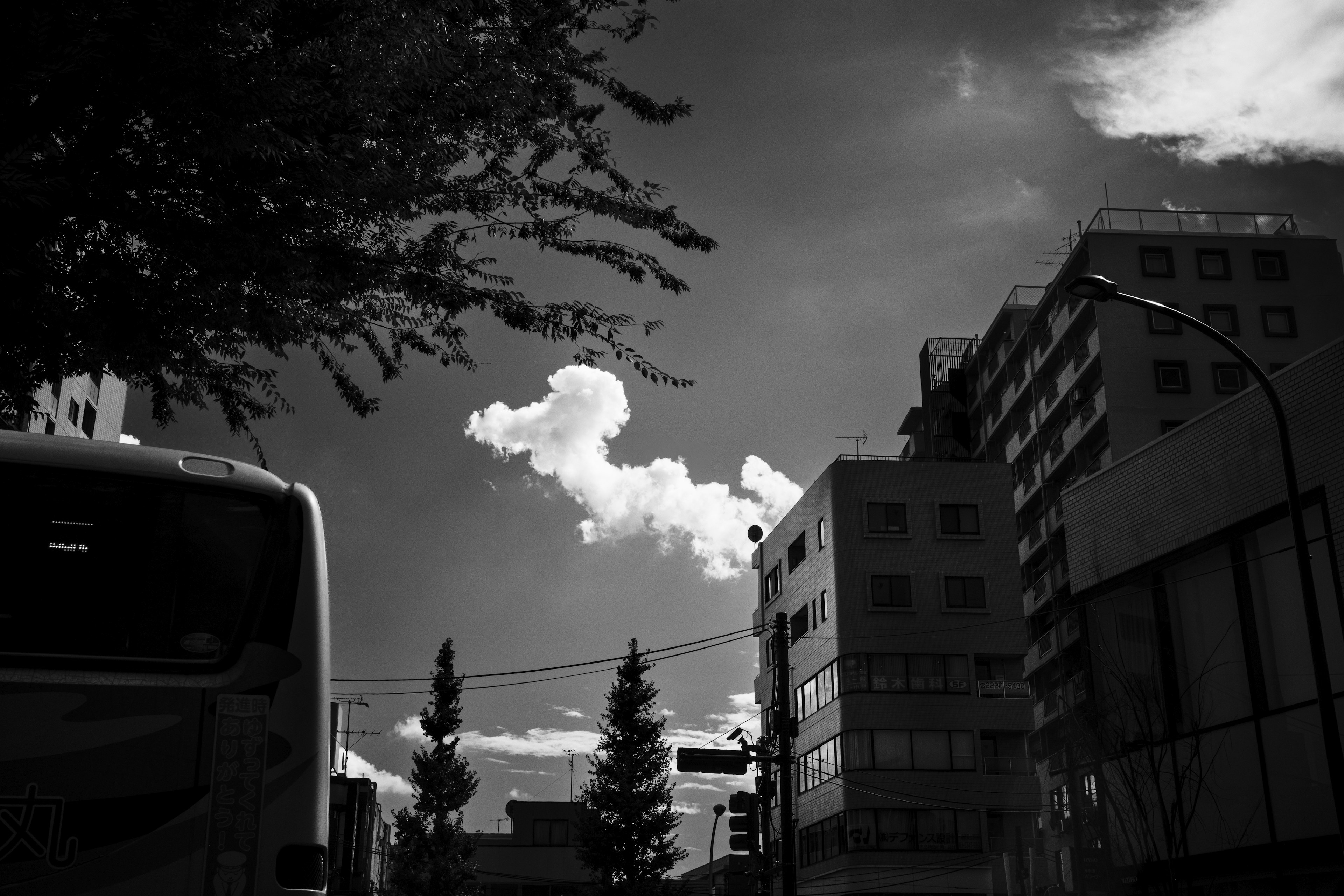 Black and white urban landscape featuring clouds and building silhouettes