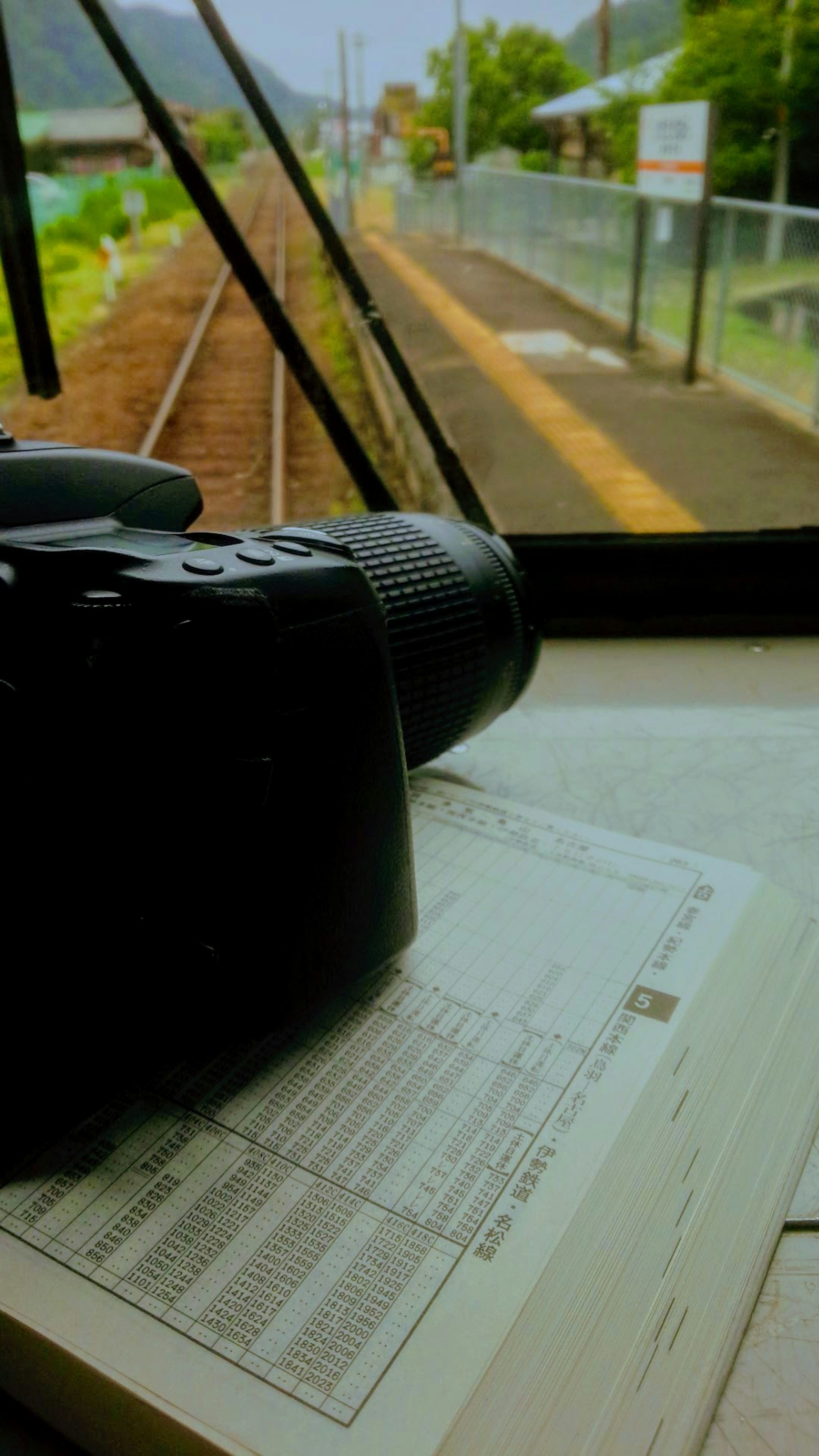 Pemandangan dari dalam kereta yang menunjukkan stasiun dengan kamera dan dokumen di atas meja