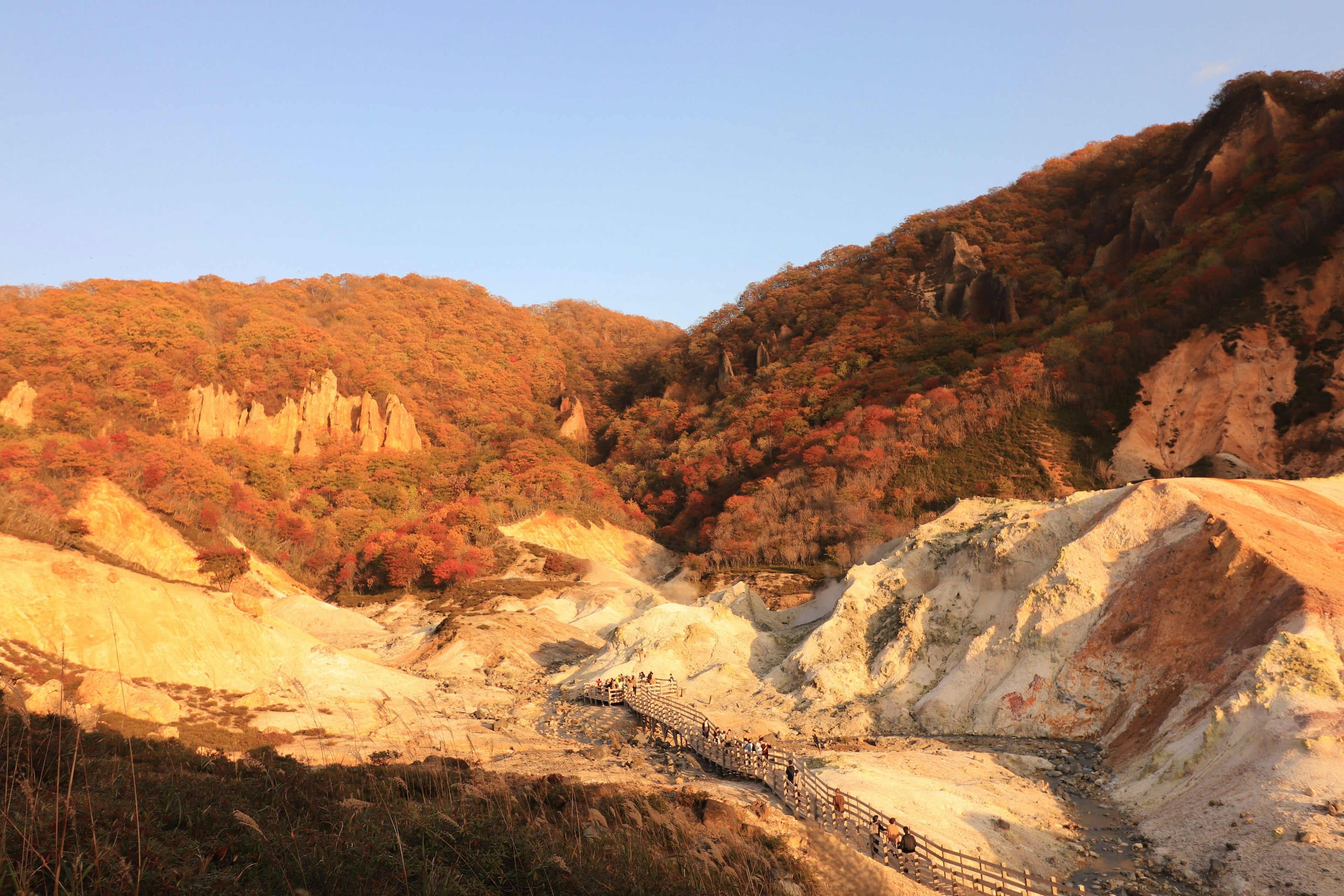 Scenic view of autumn foliage with white rocky slopes