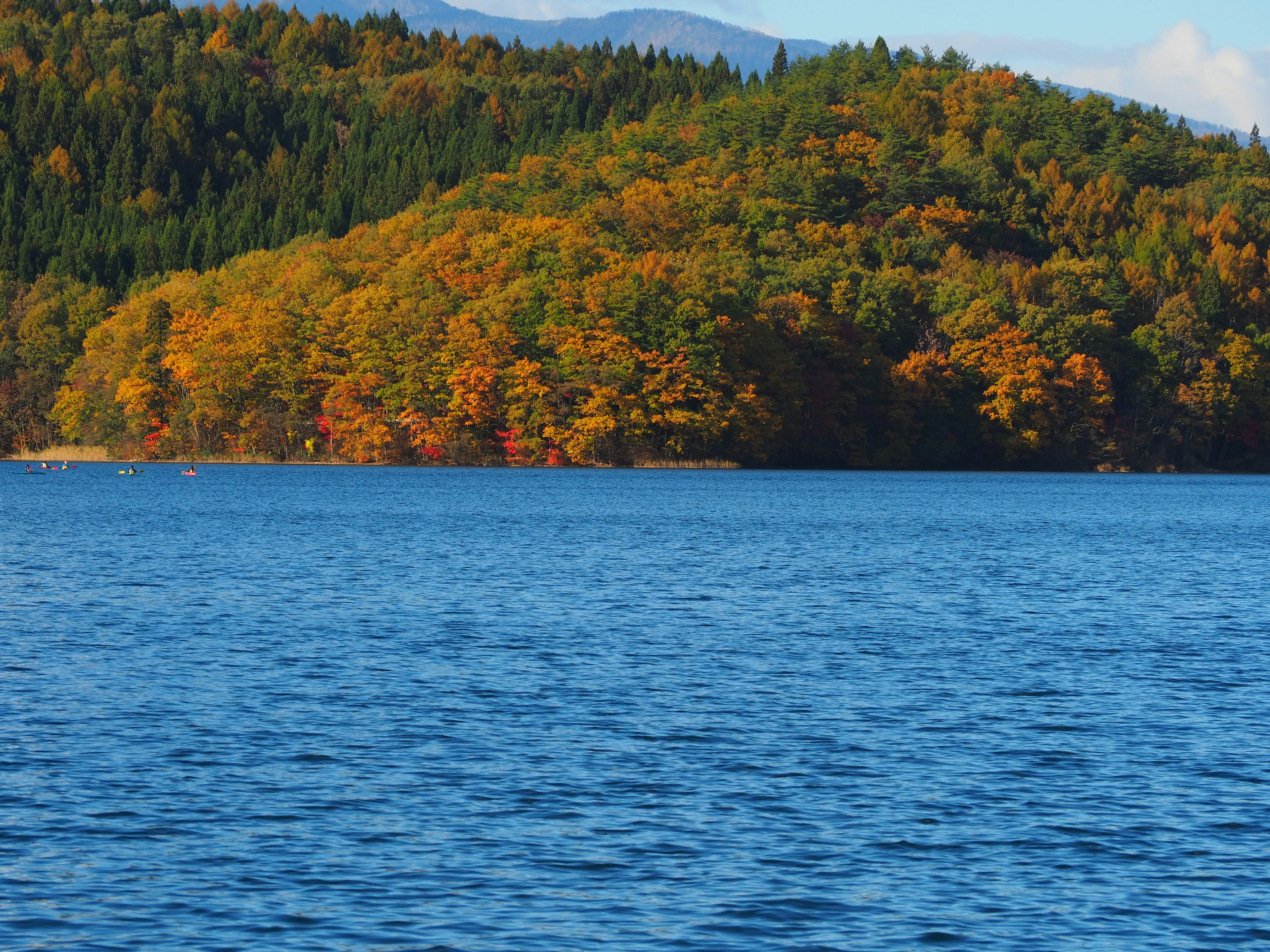 青い湖と秋の紅葉が美しい風景