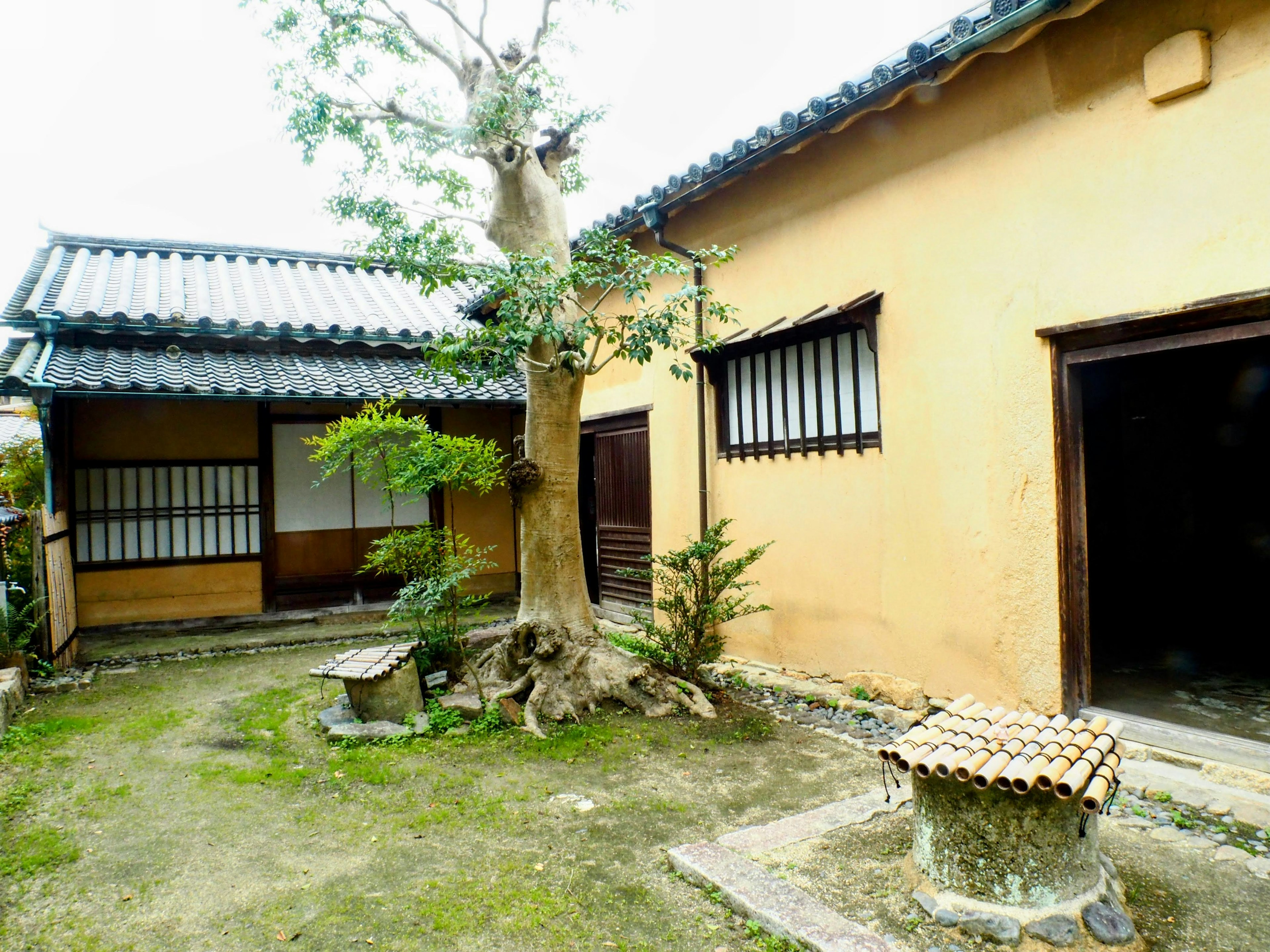 Blick auf ein traditionelles japanisches Haus und Garten