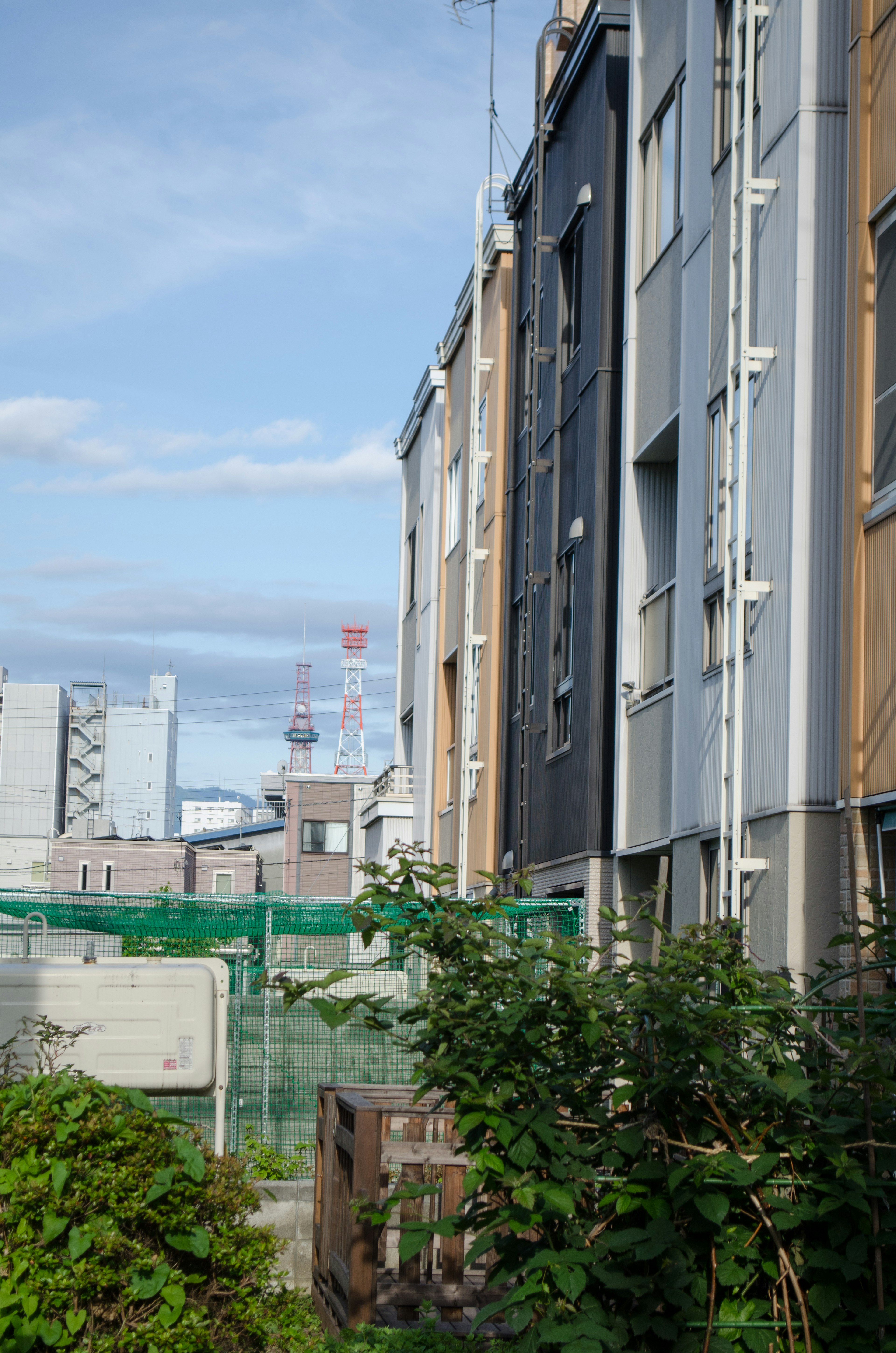 建物の側面と緑の植物がある風景