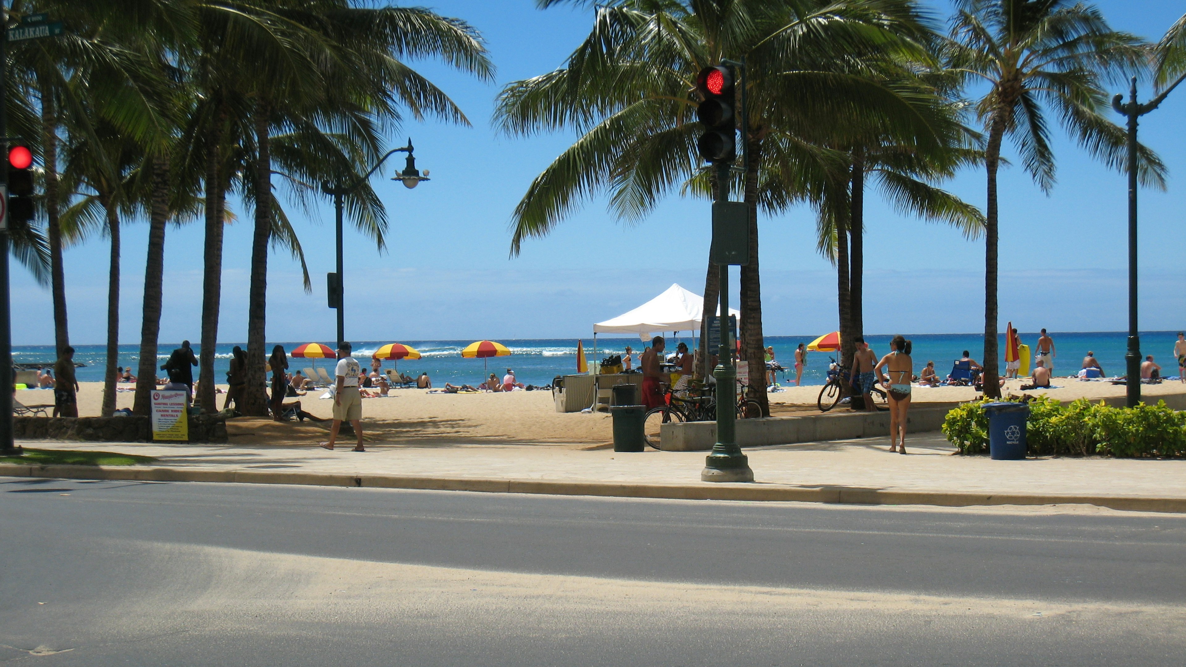 Escena de playa con personas relajándose palmeras y océano azul a la vista