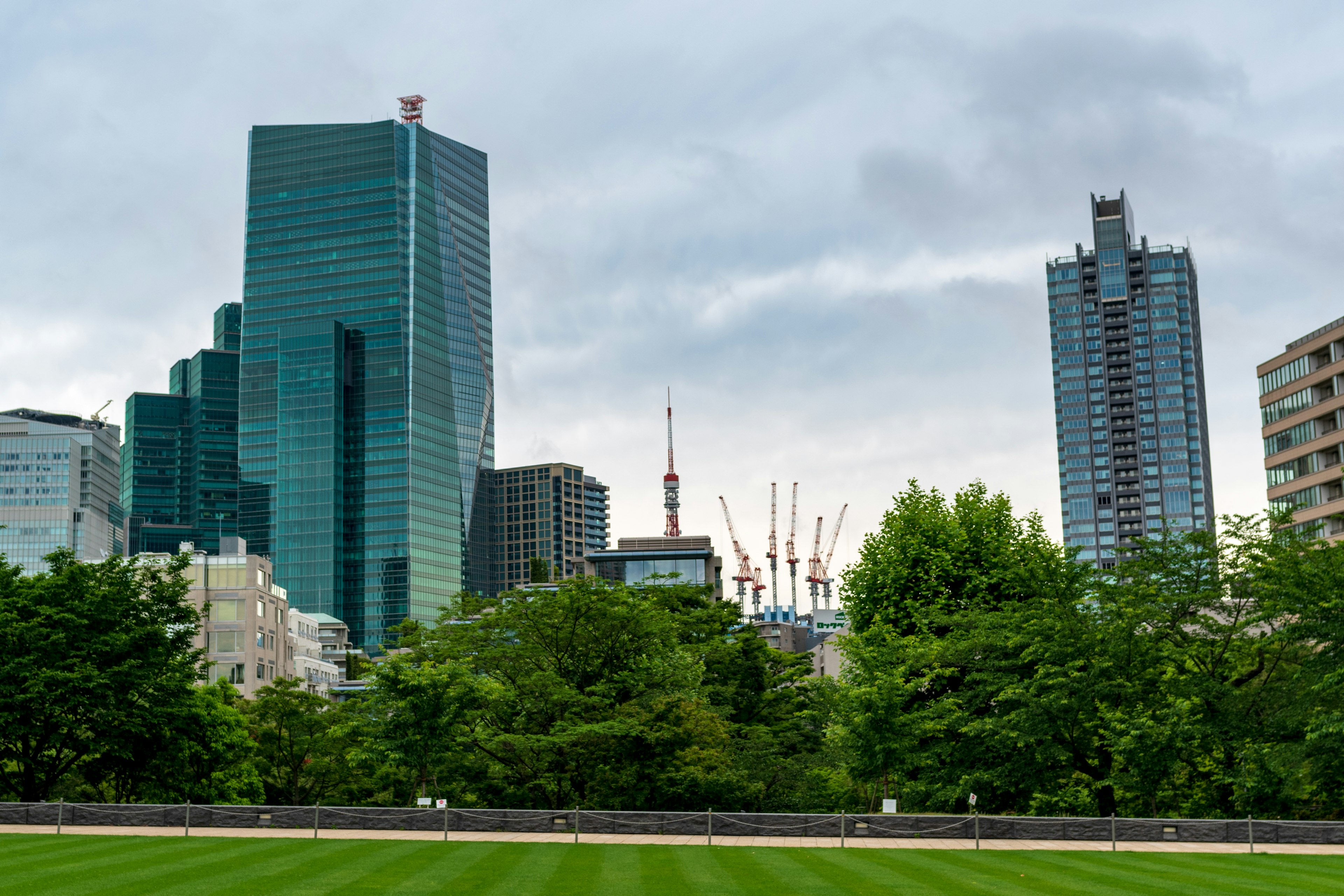 Stadtansicht mit modernen Wolkenkratzern und üppigem Grün in einem Park