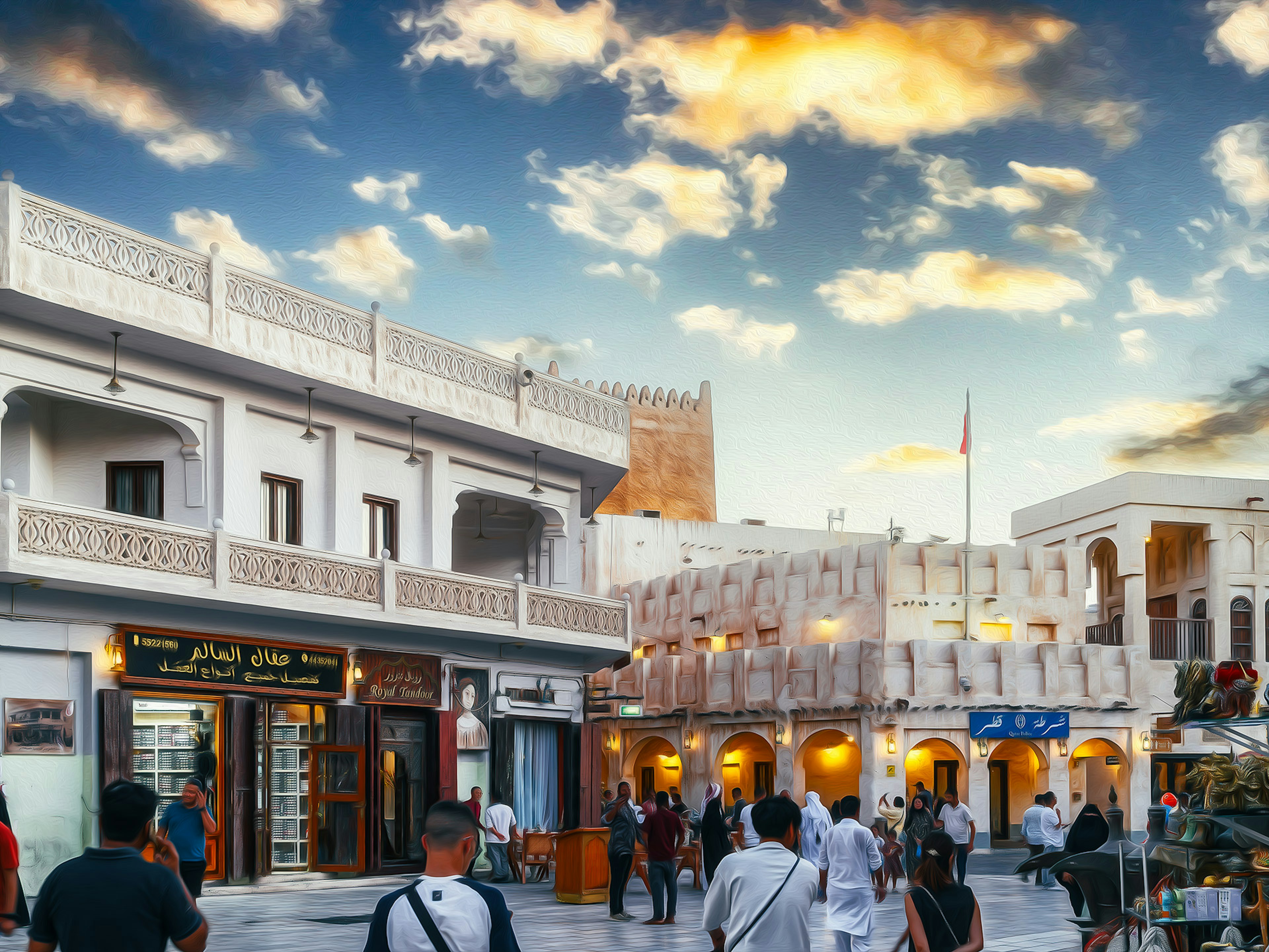 Traditional buildings and lively market scene with people Beautiful sunset sky