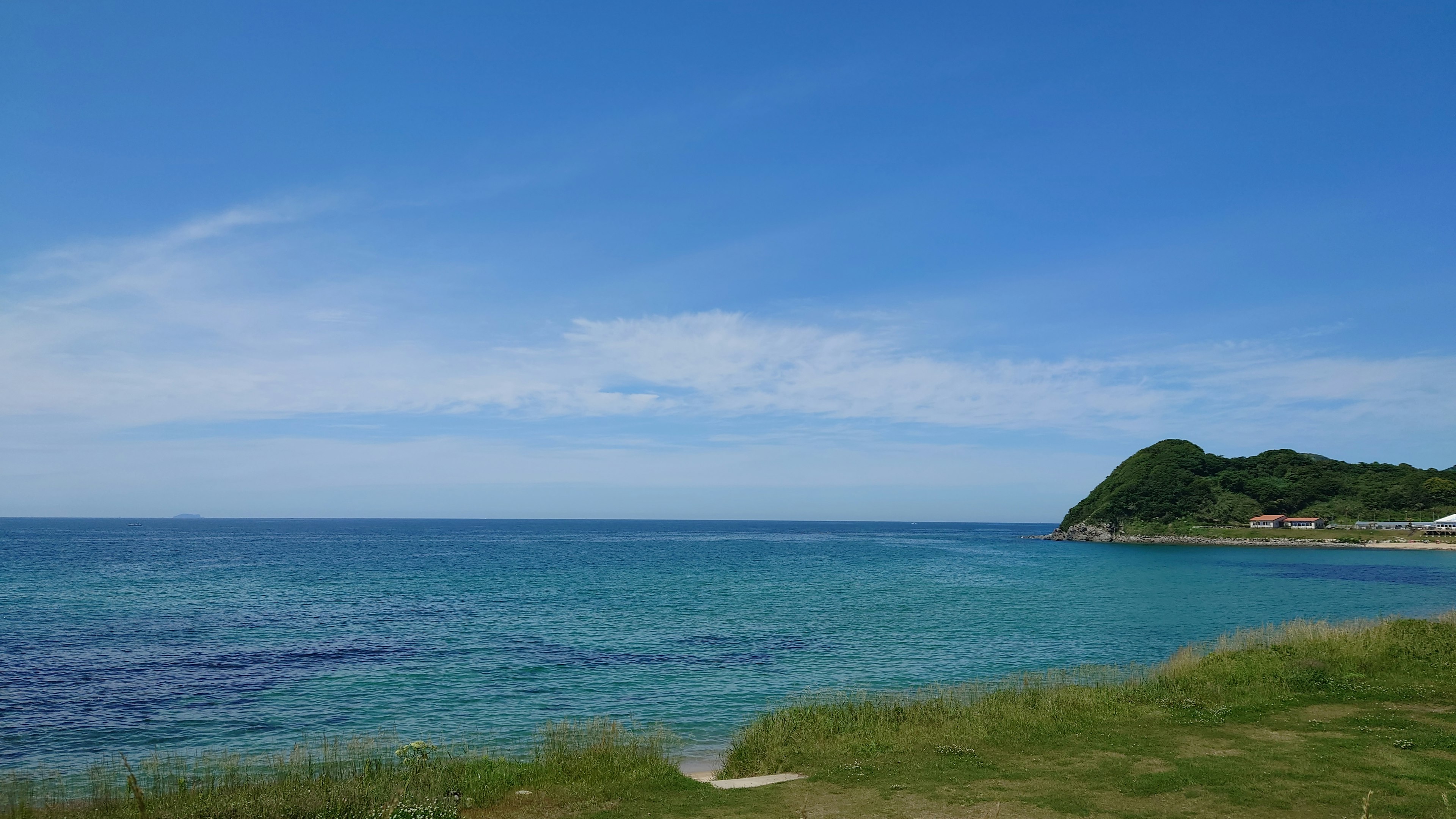 Pemandangan langit biru dan lautan dengan padang rumput hijau