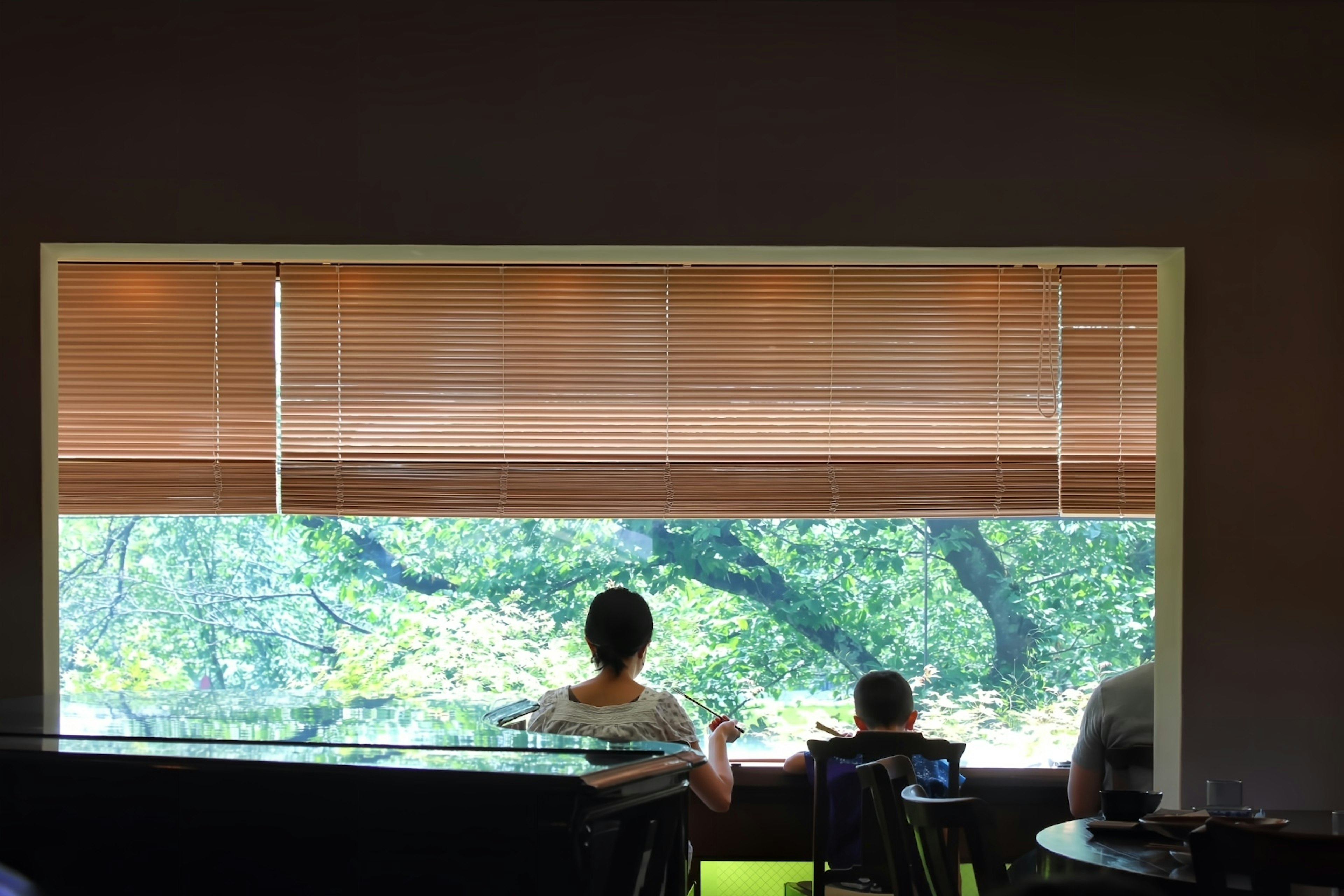 Two people looking out the window at a natural landscape