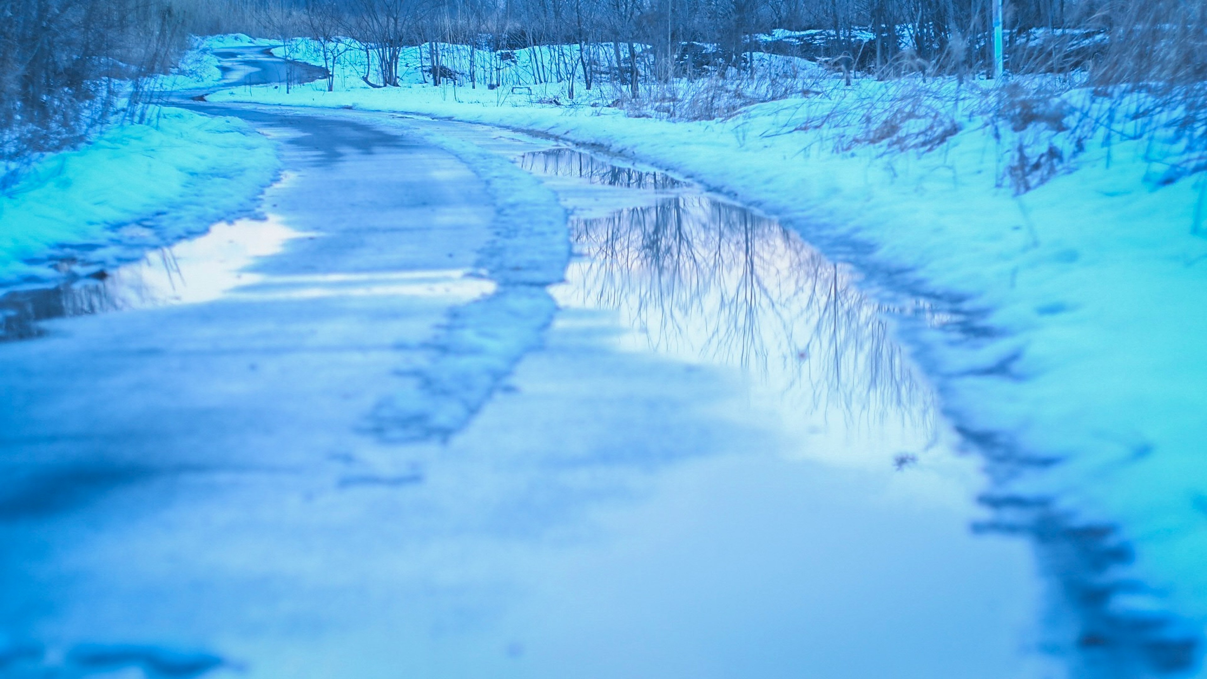 Winterlandschaft mit einem schneebedeckten Weg und blauen Reflexionen