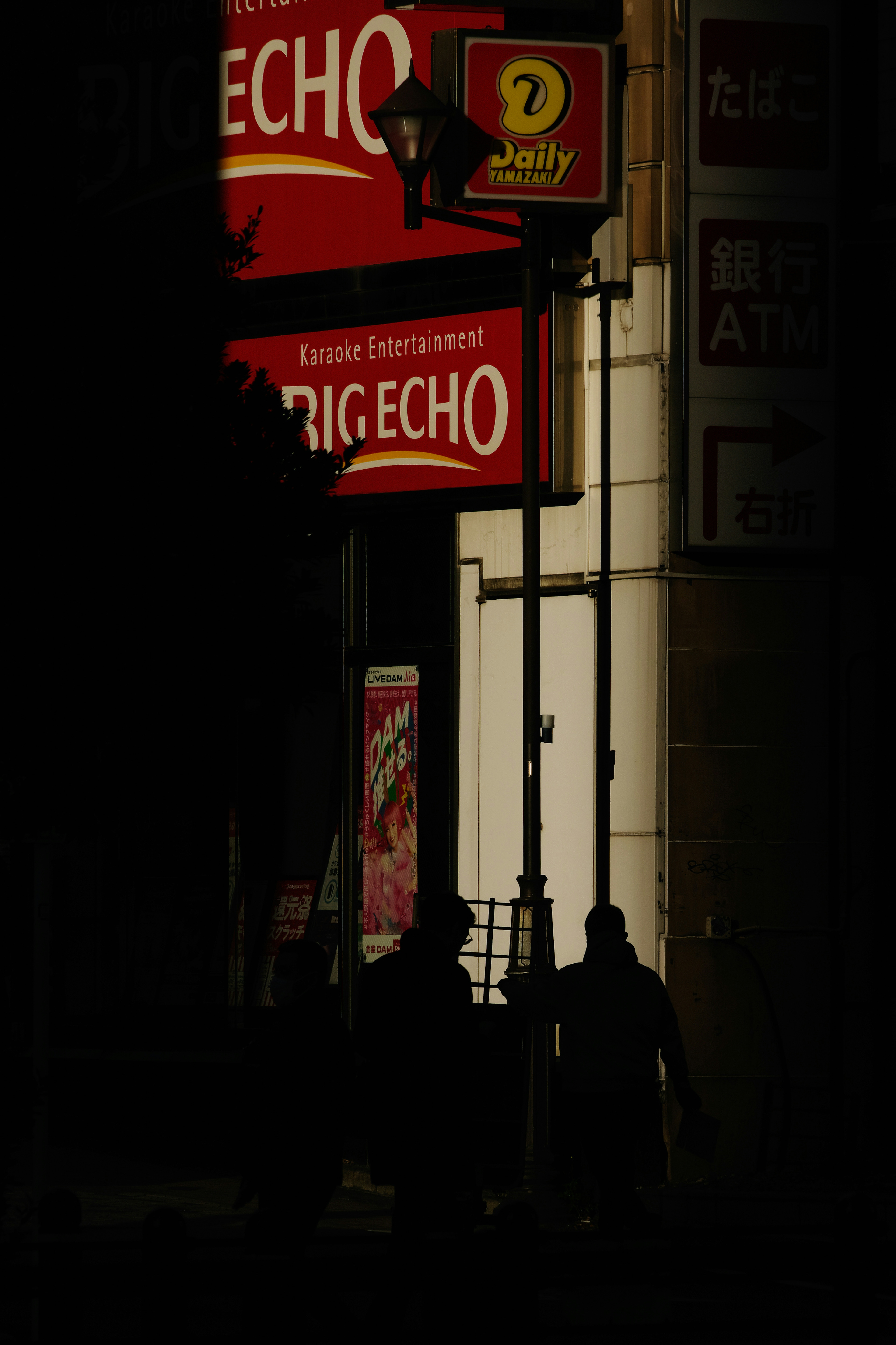 Silhouetten von Personen vor einem Big Echo-Schild vor einem dunklen Hintergrund