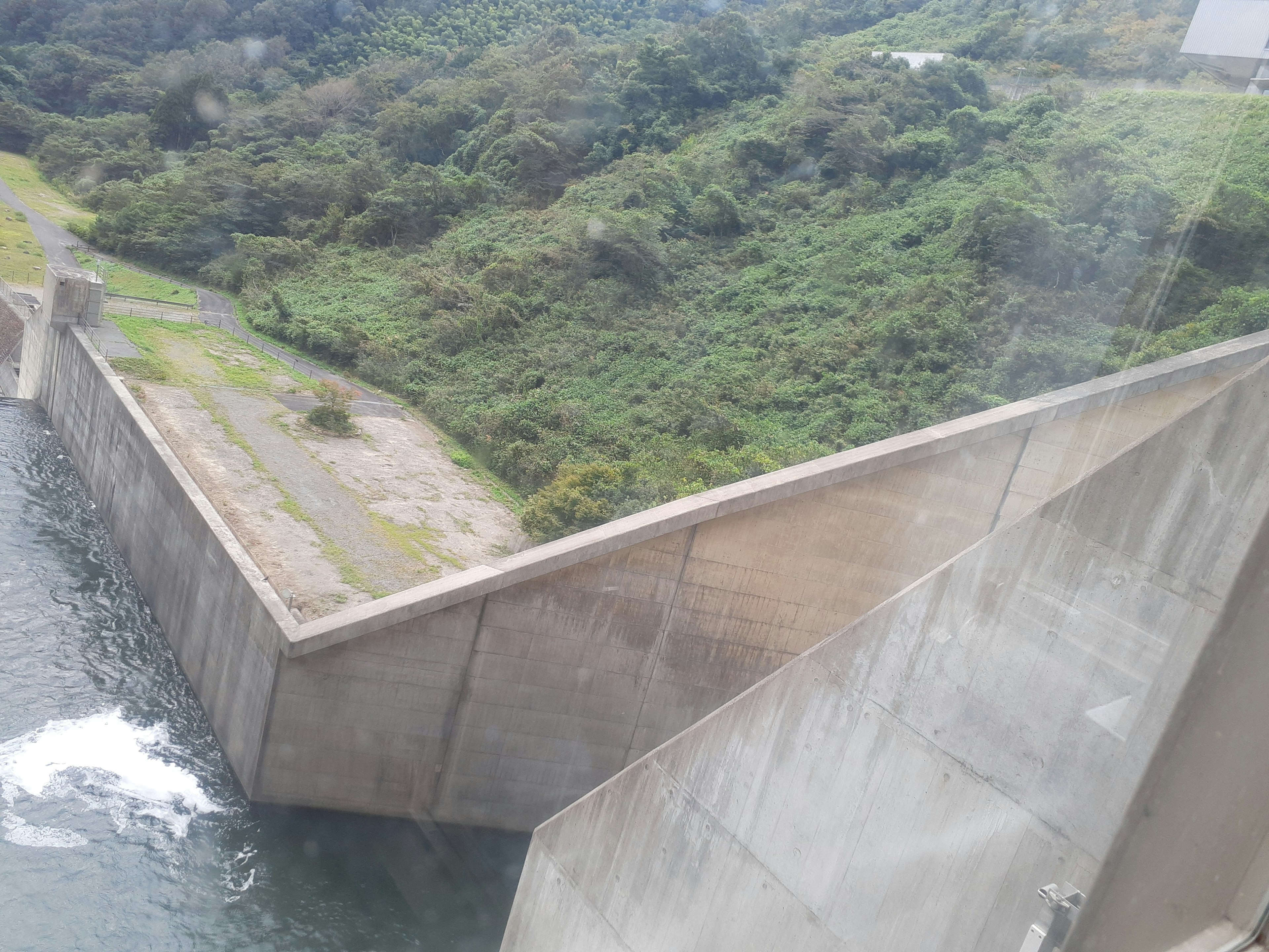 Struttura in cemento del dam con vegetazione lussureggiante circostante