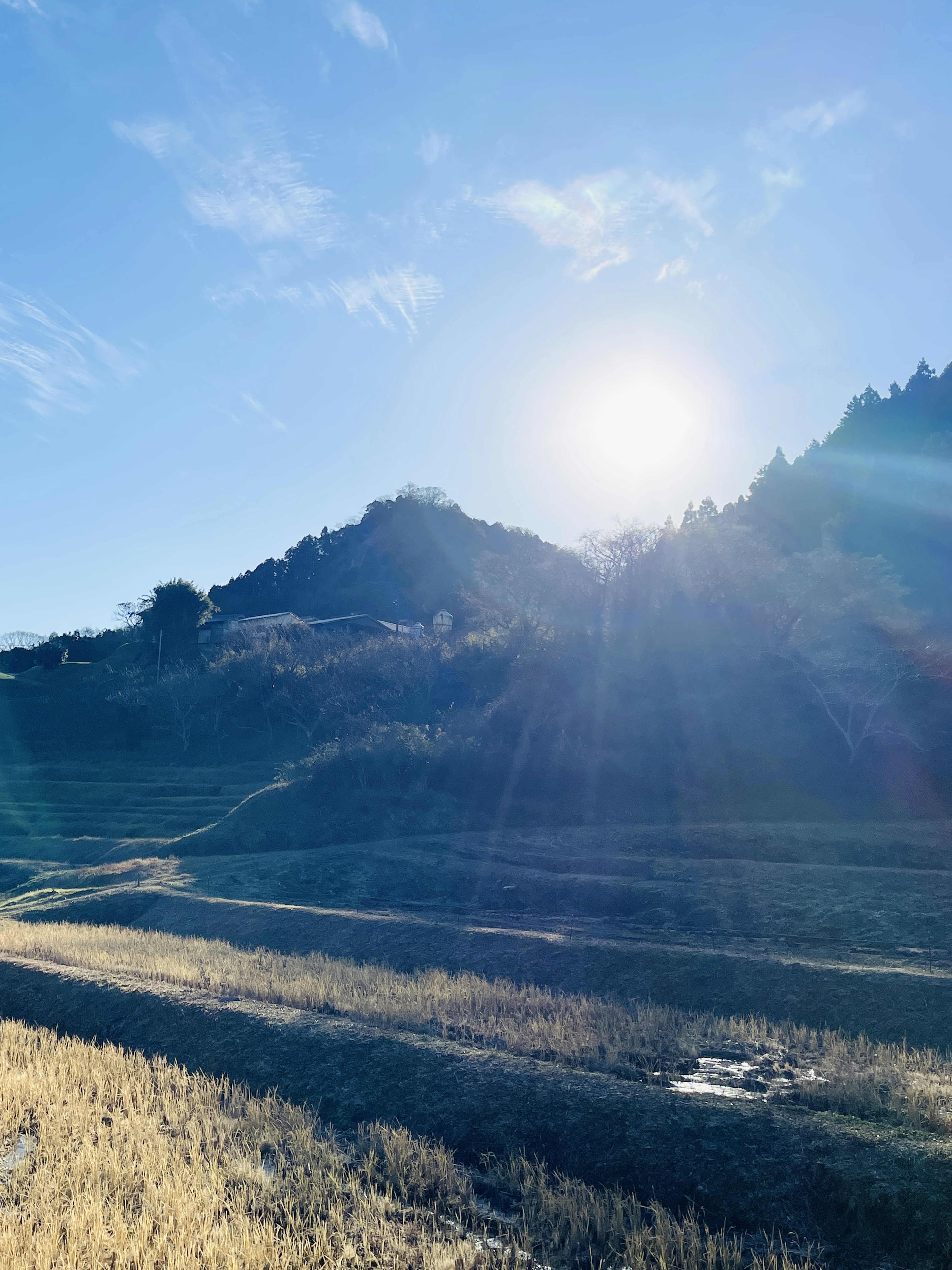 Paesaggio di montagne e campi di riso sotto un cielo blu con un sole splendente