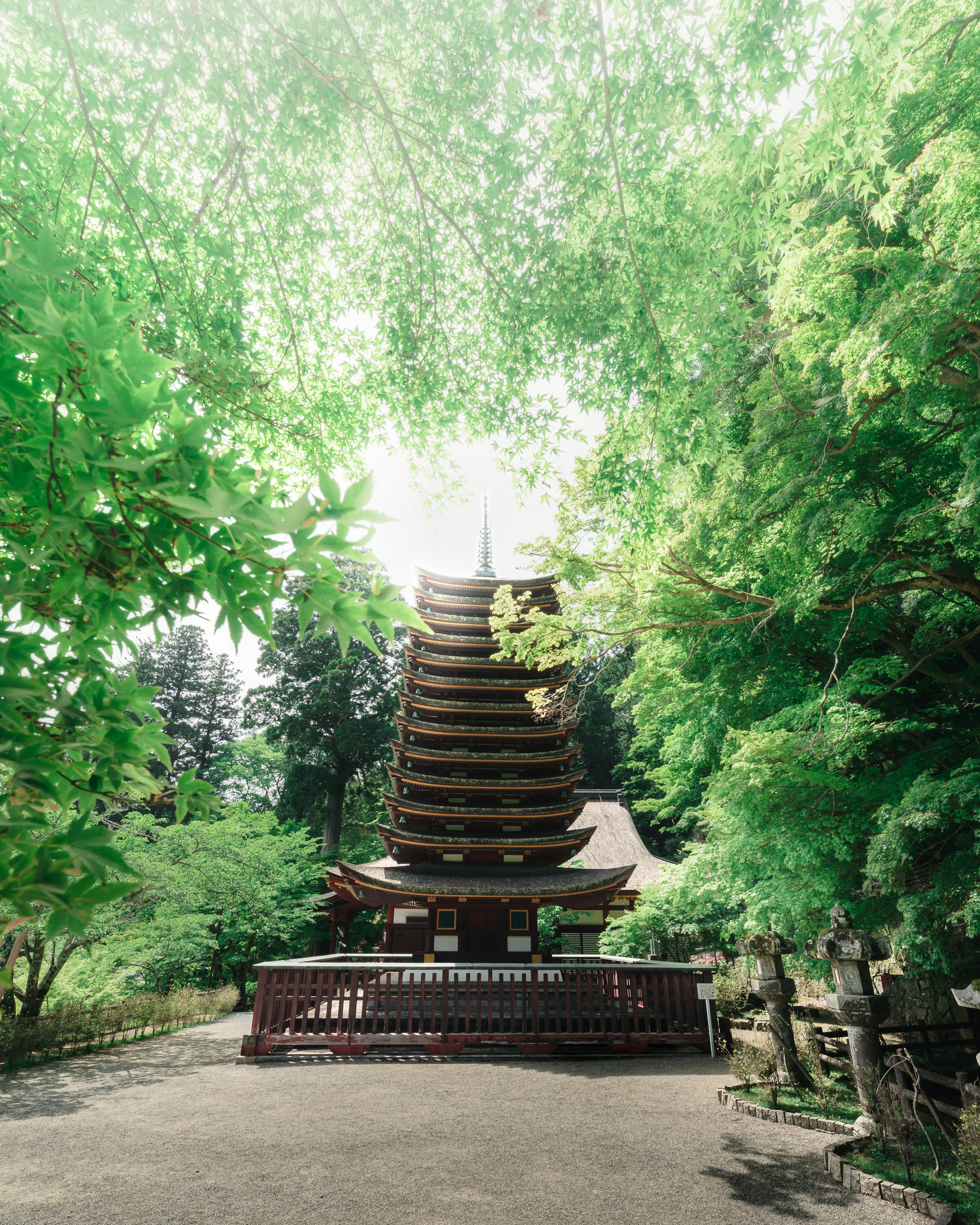 Five-story pagoda surrounded by lush greenery