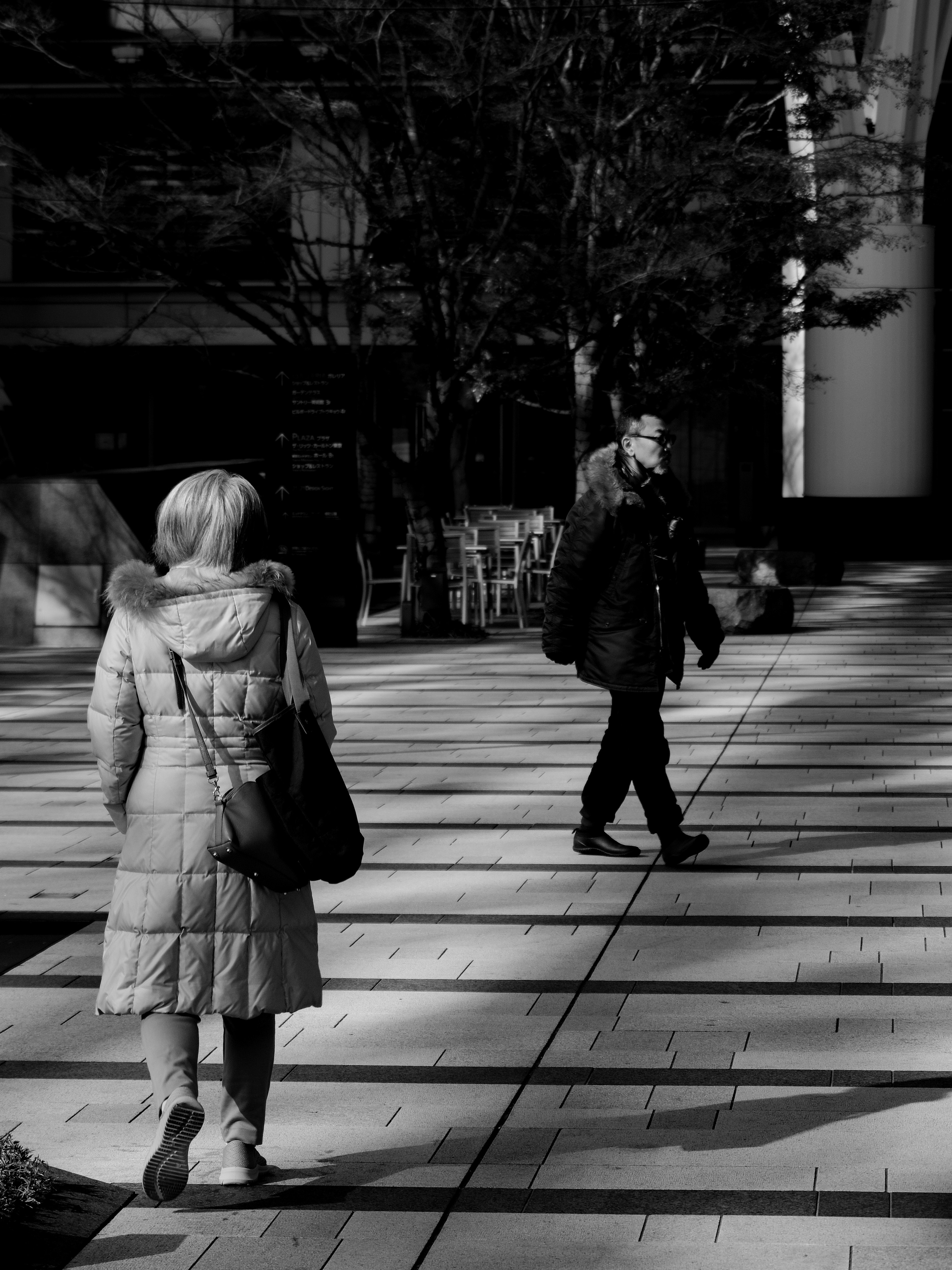 Two figures walking in a black and white urban scene a woman in a light coat and a man in dark clothing