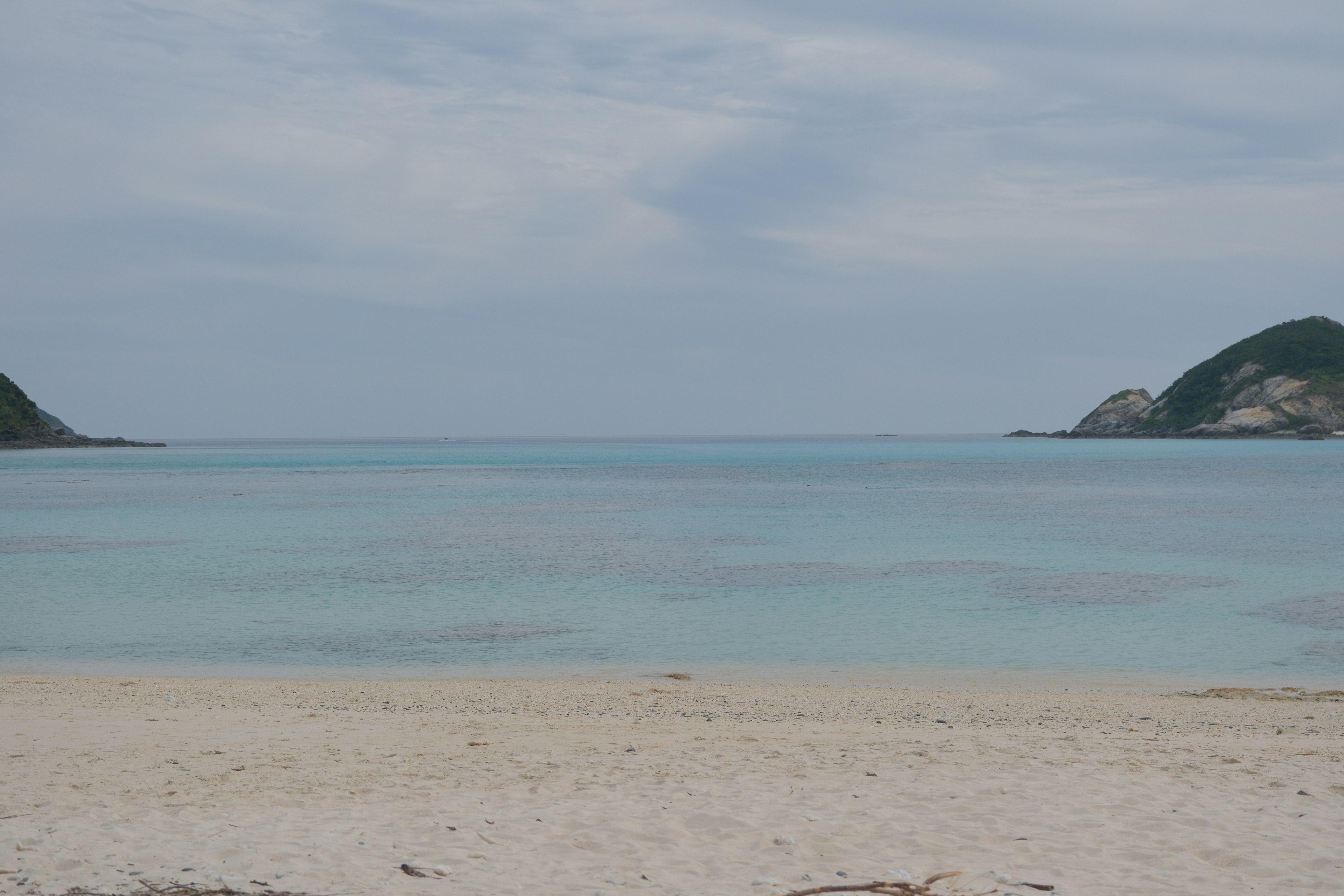 Vue sur la mer calme et la plage de sable blanc