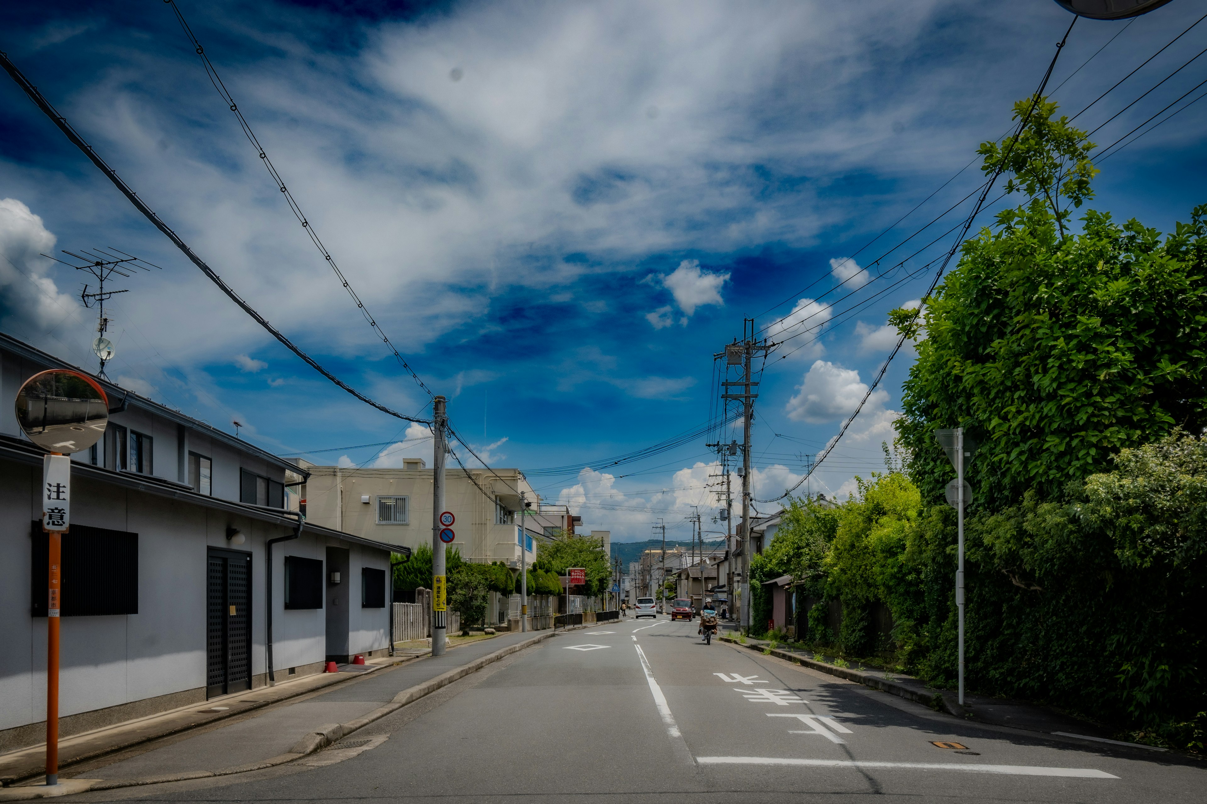 青い空と白い雲が広がる静かな街の通り 緑豊かな木々と住宅が並ぶ風景