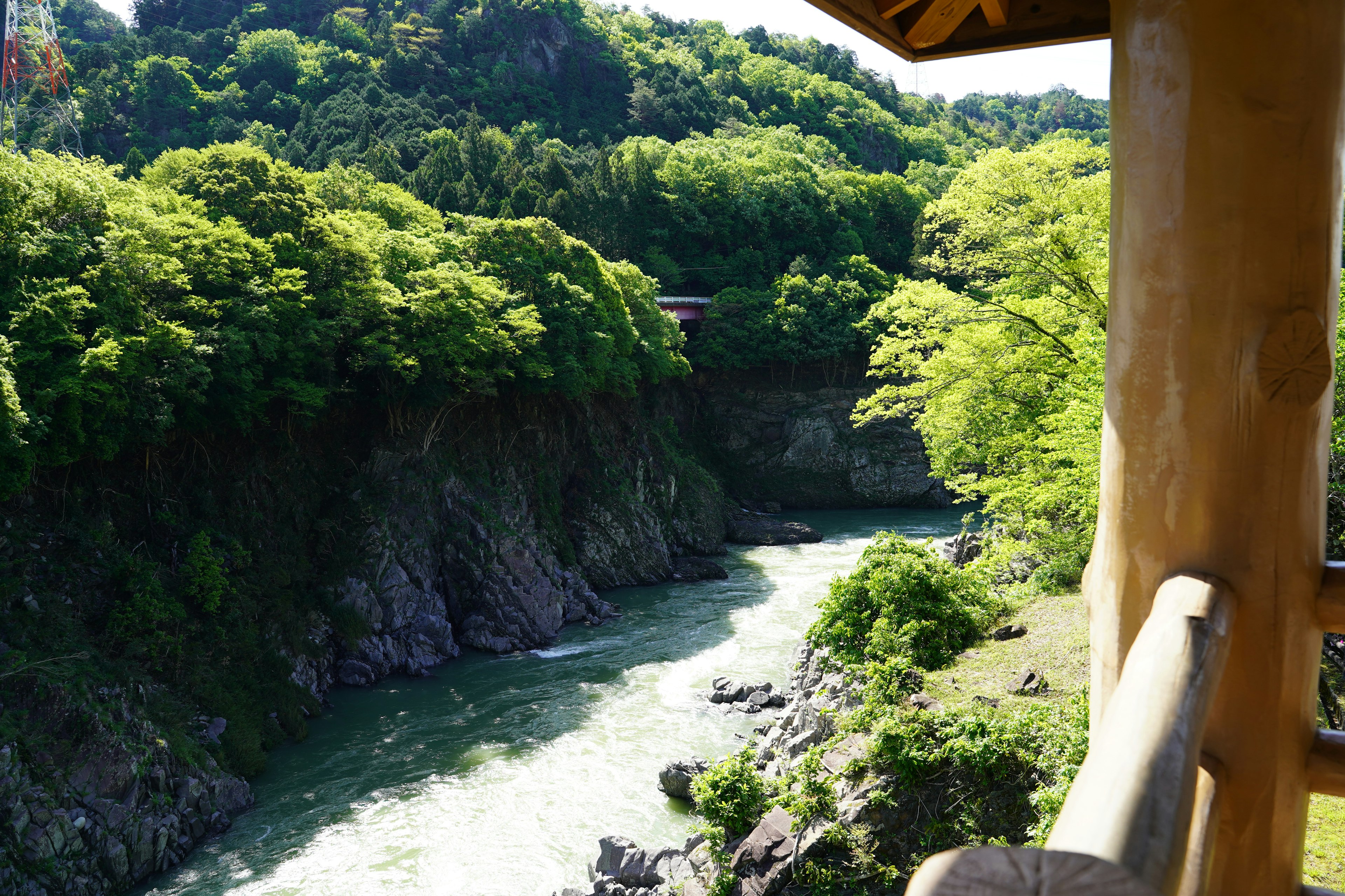 緑豊かな山々に囲まれた川の景色