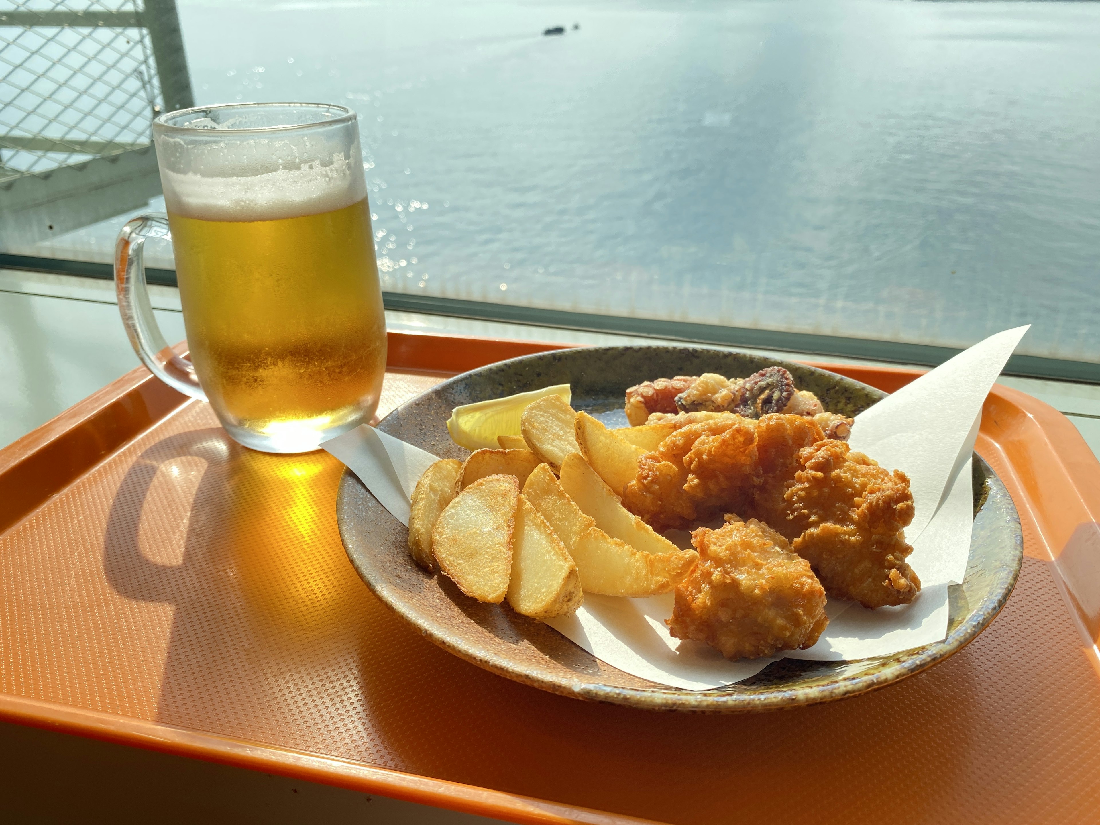 A plate of fried food and beer with a sea view