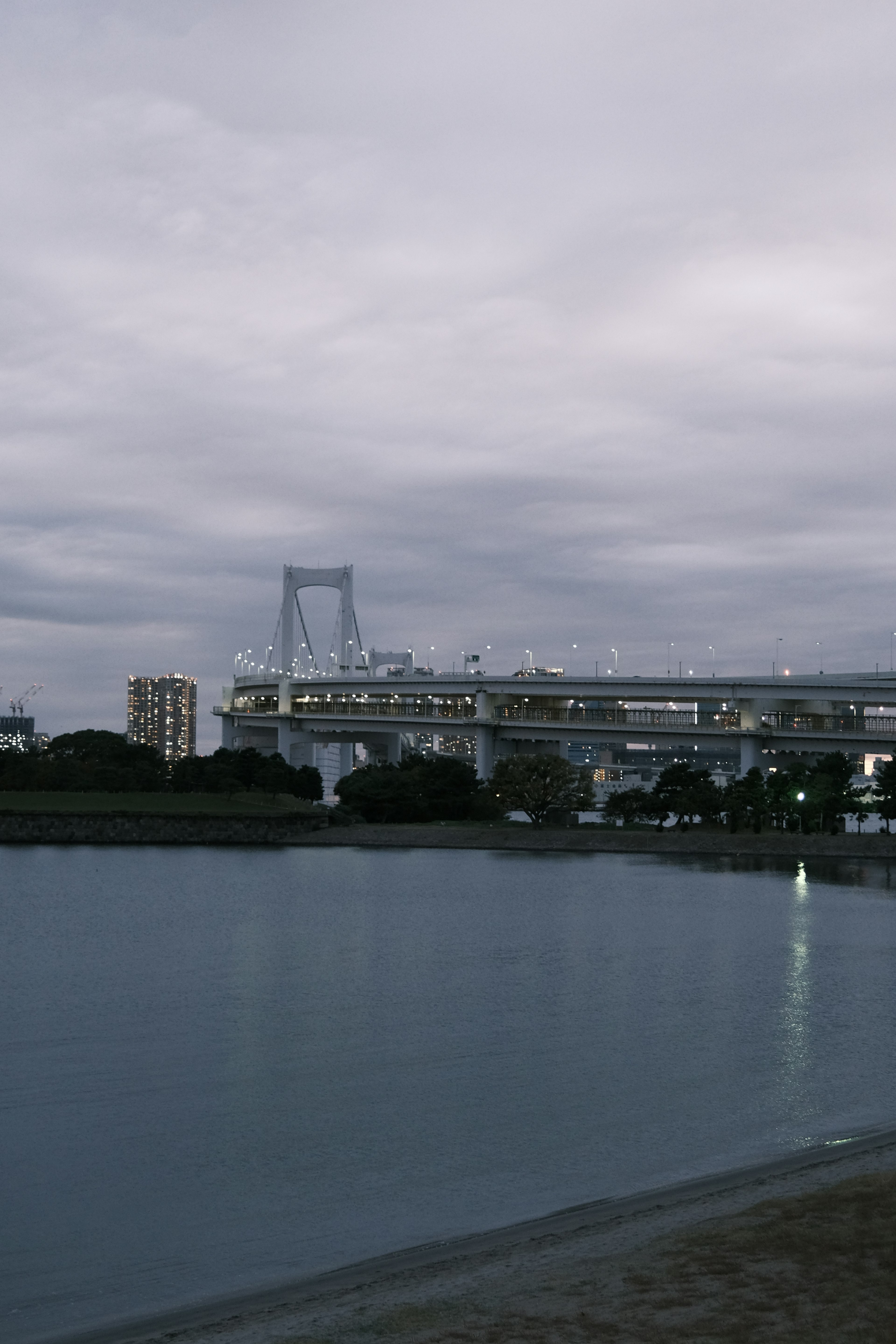 Una vista serena del waterfront bajo un cielo nublado con un puente