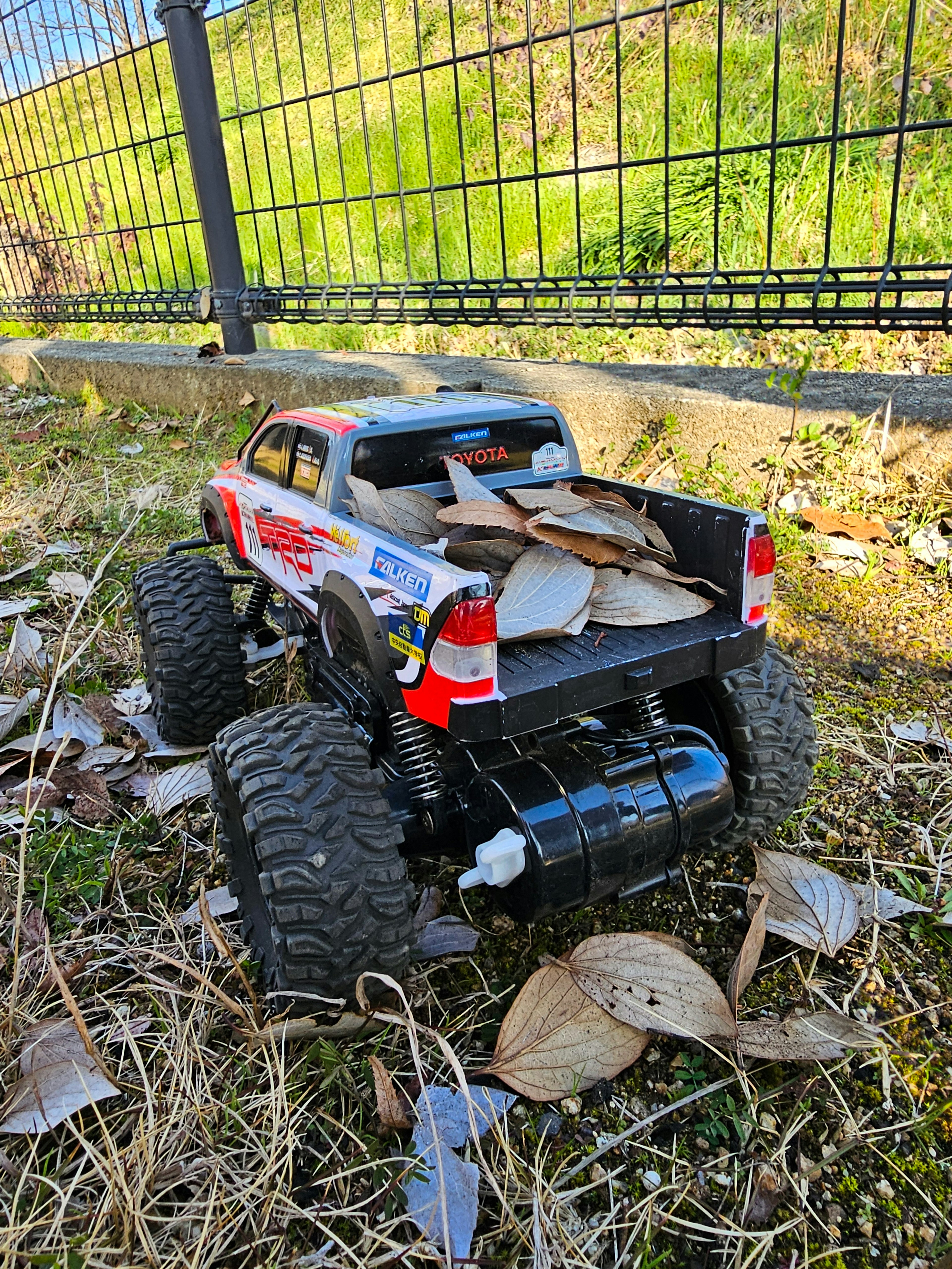 Voiture télécommandée garée dans l'herbe avec des feuilles à l'arrière