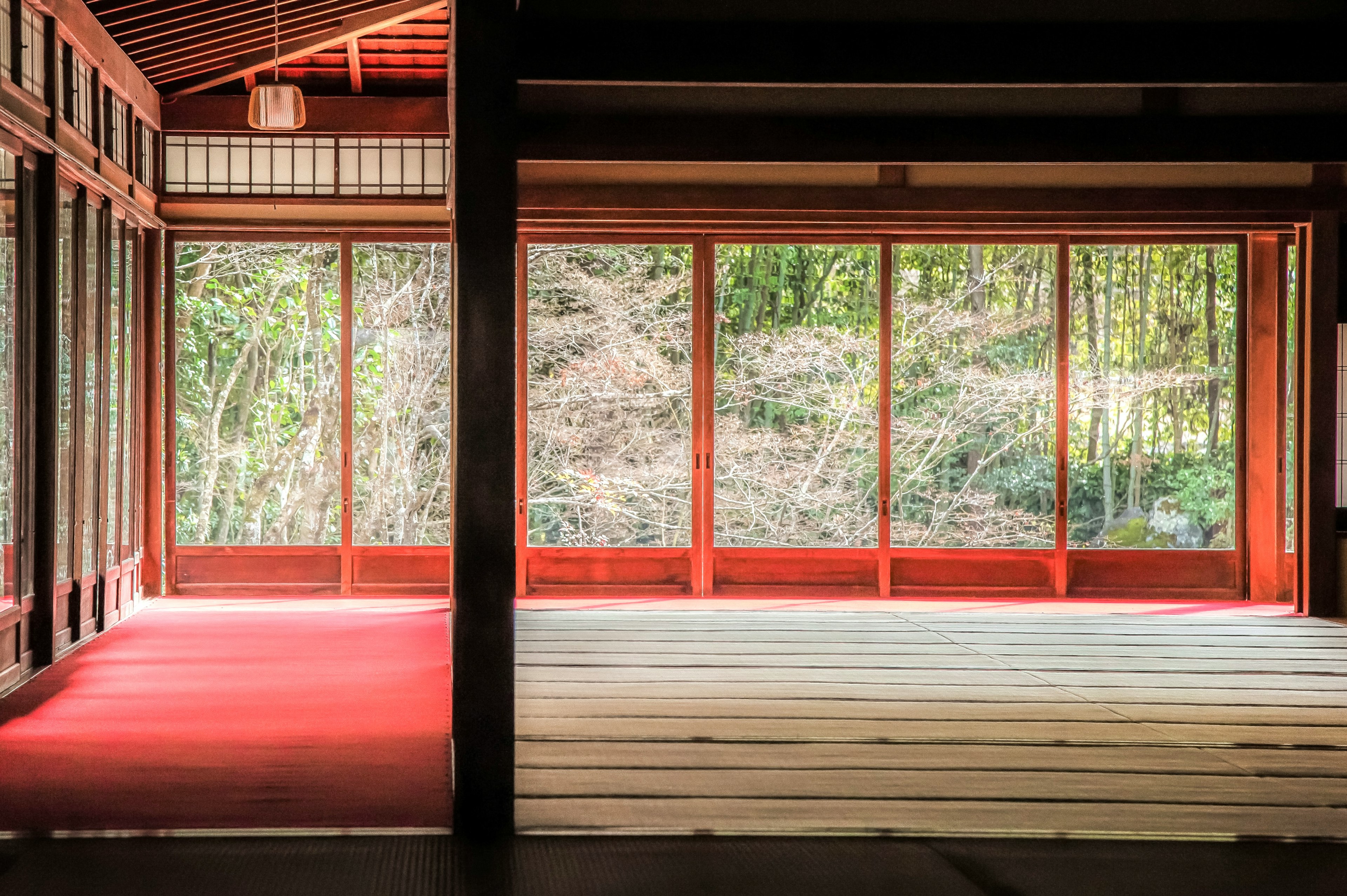 Interno di una stanza tradizionale giapponese con tappeto rosso e pavimento in legno, con grandi finestre che lasciano entrare la luce naturale