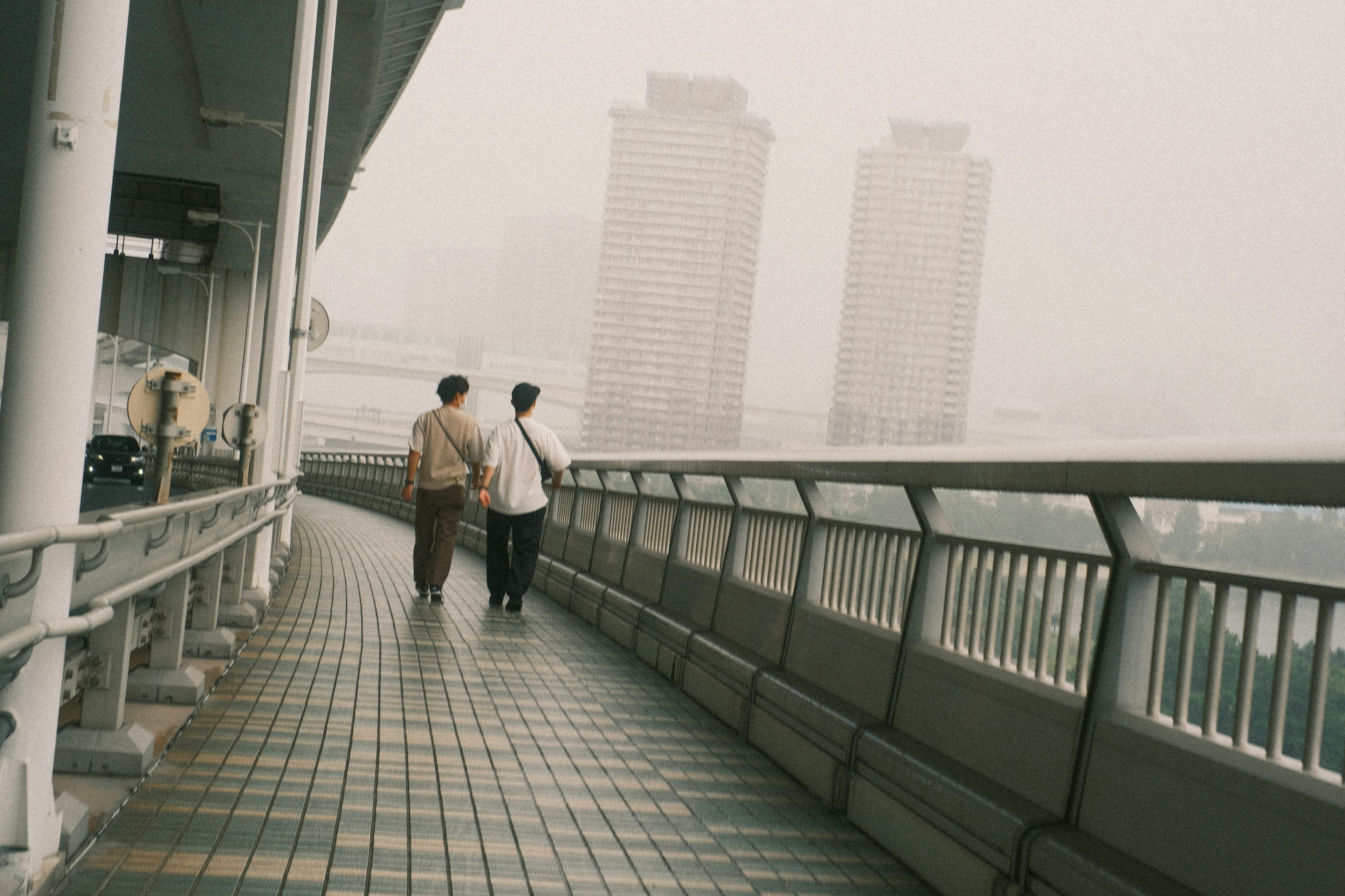 Two people walking on a walkway in fog