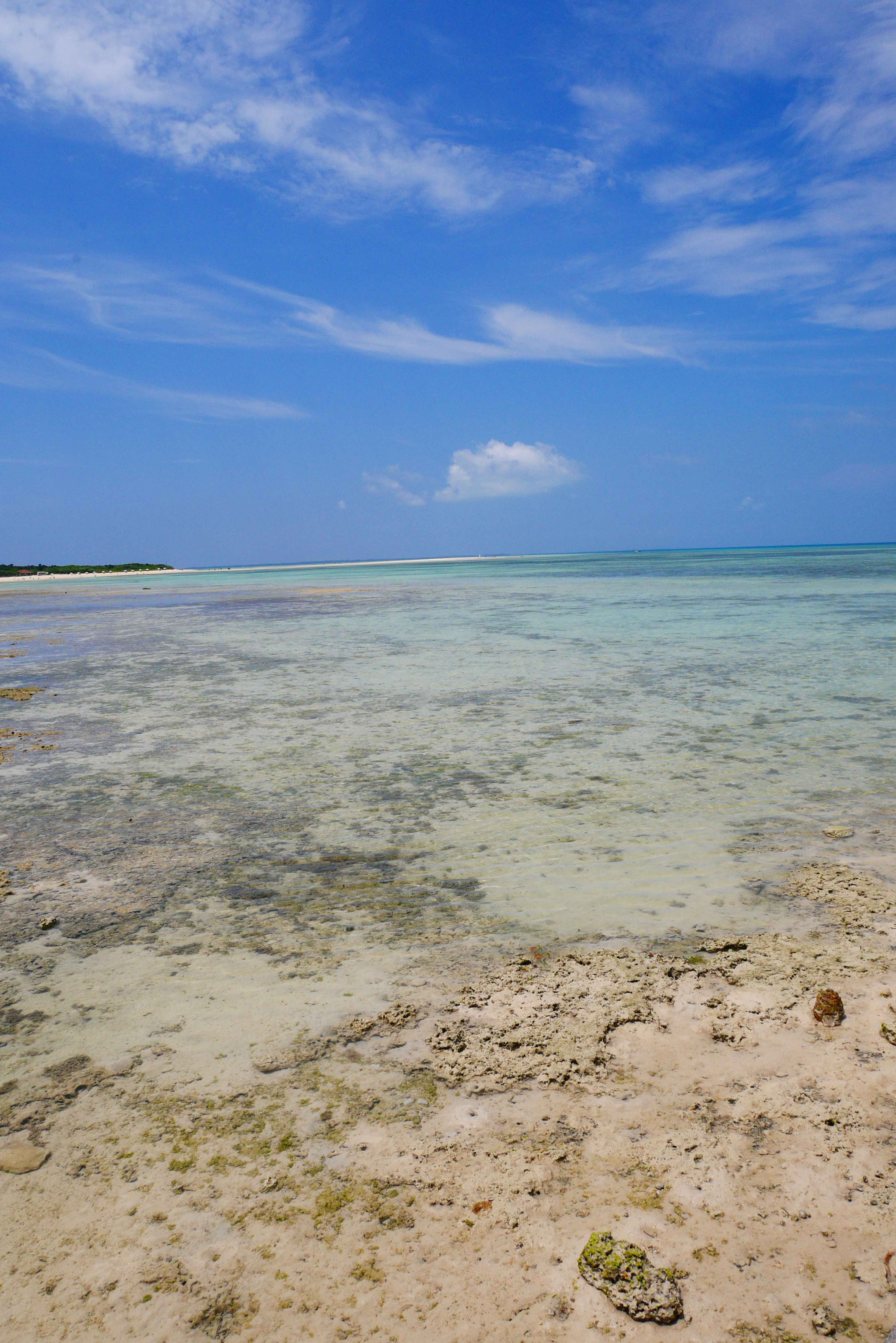 Scenic view of a clear blue sky and transparent ocean with rocky shoreline