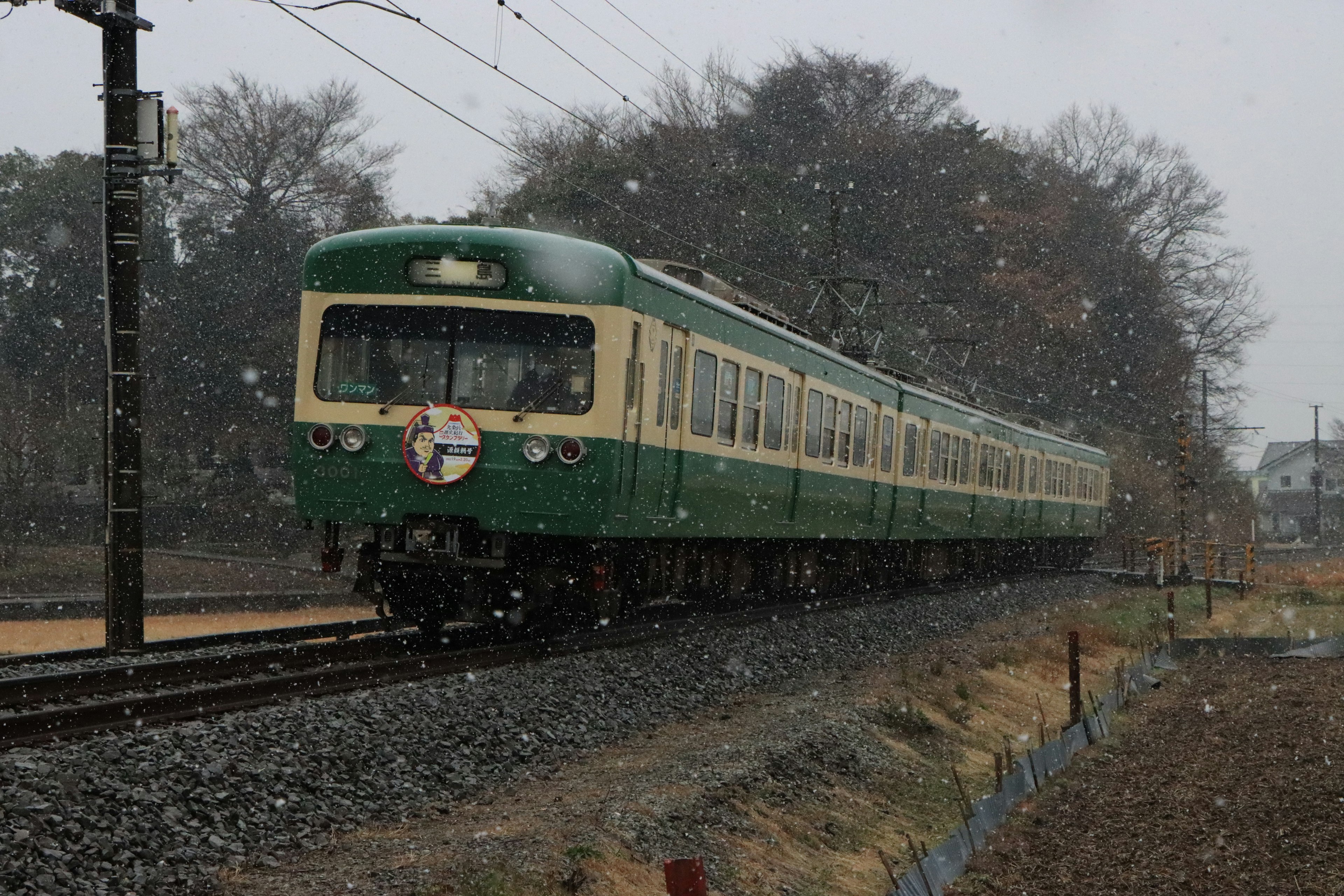 Grüner Zug fährt durch den Schnee