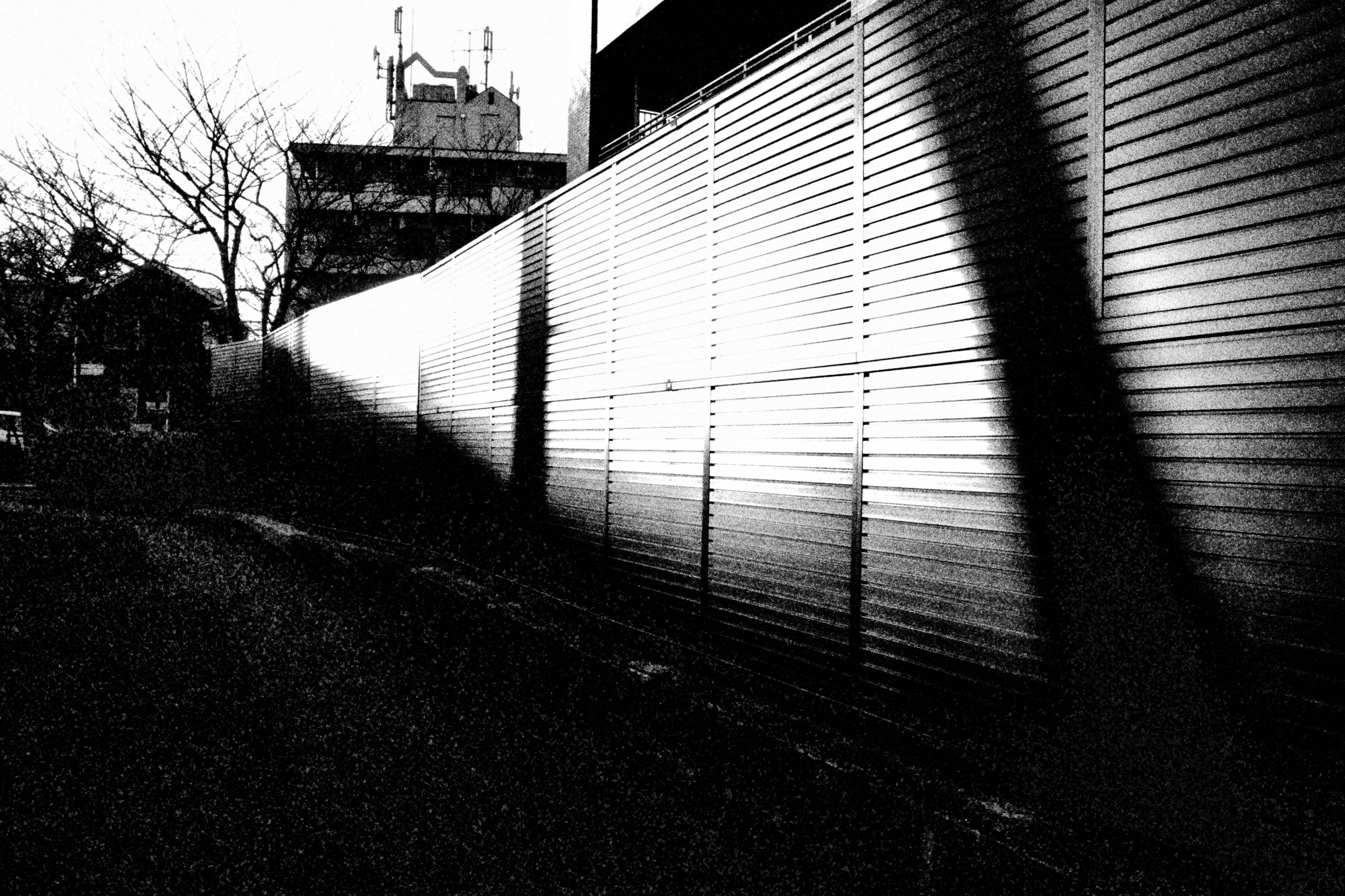 Foto en blanco y negro de una pared con fuerte contraste sombras largas proyectadas