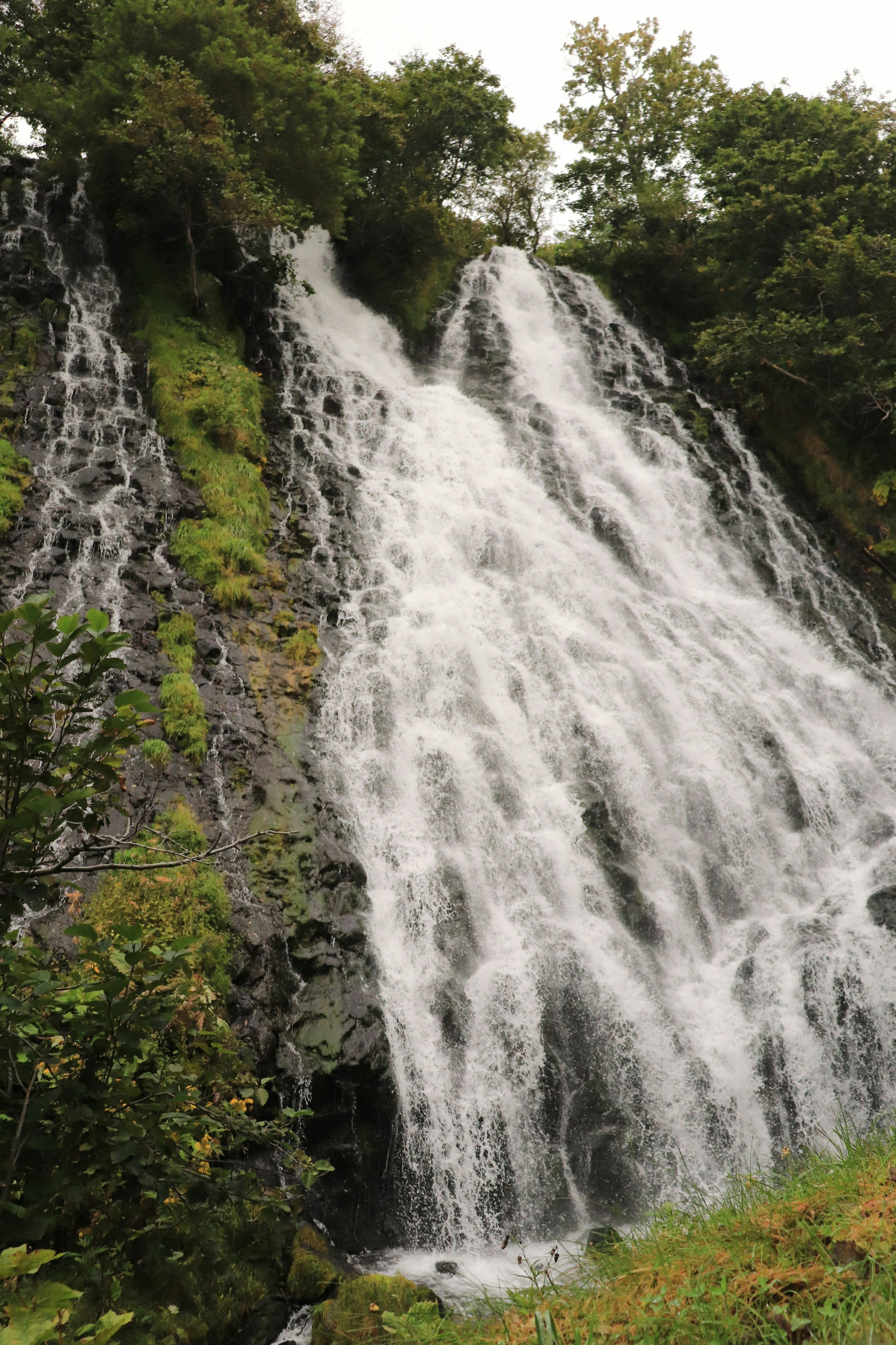 Air terjun mengalir di atas medan berbatu dikelilingi oleh pepohonan hijau