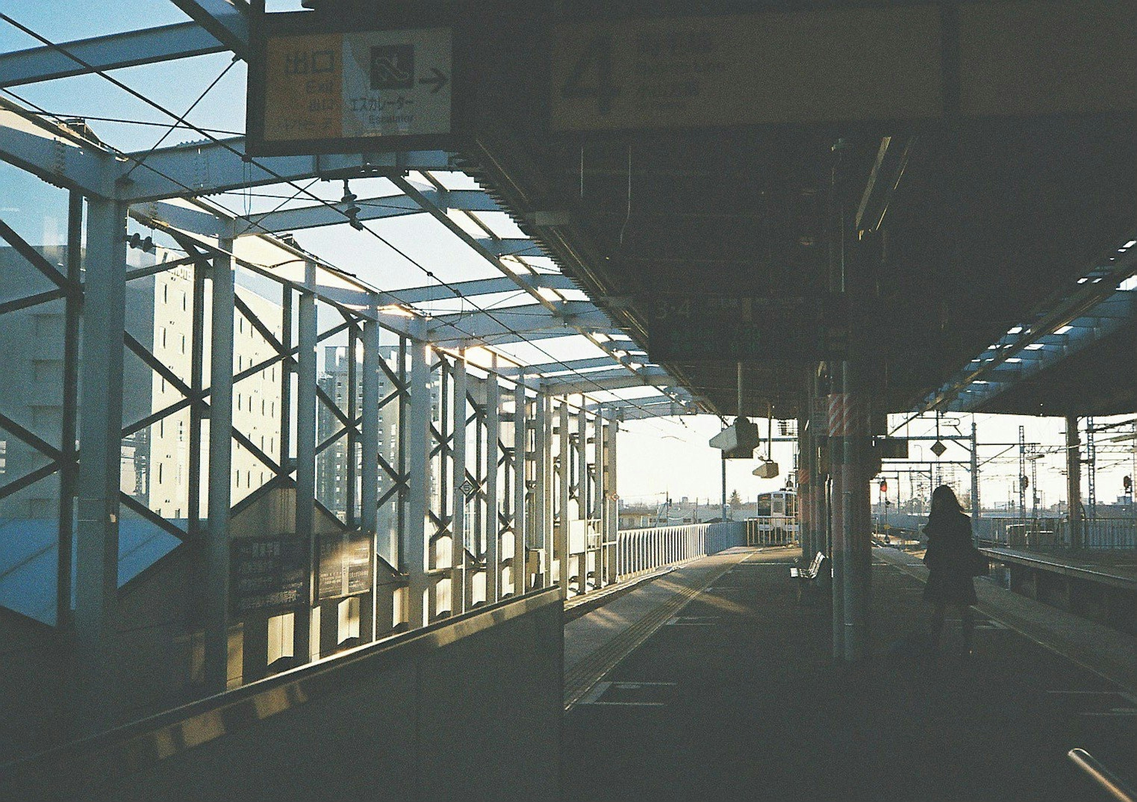 Person standing on a sunlit train platform with a glass canopy