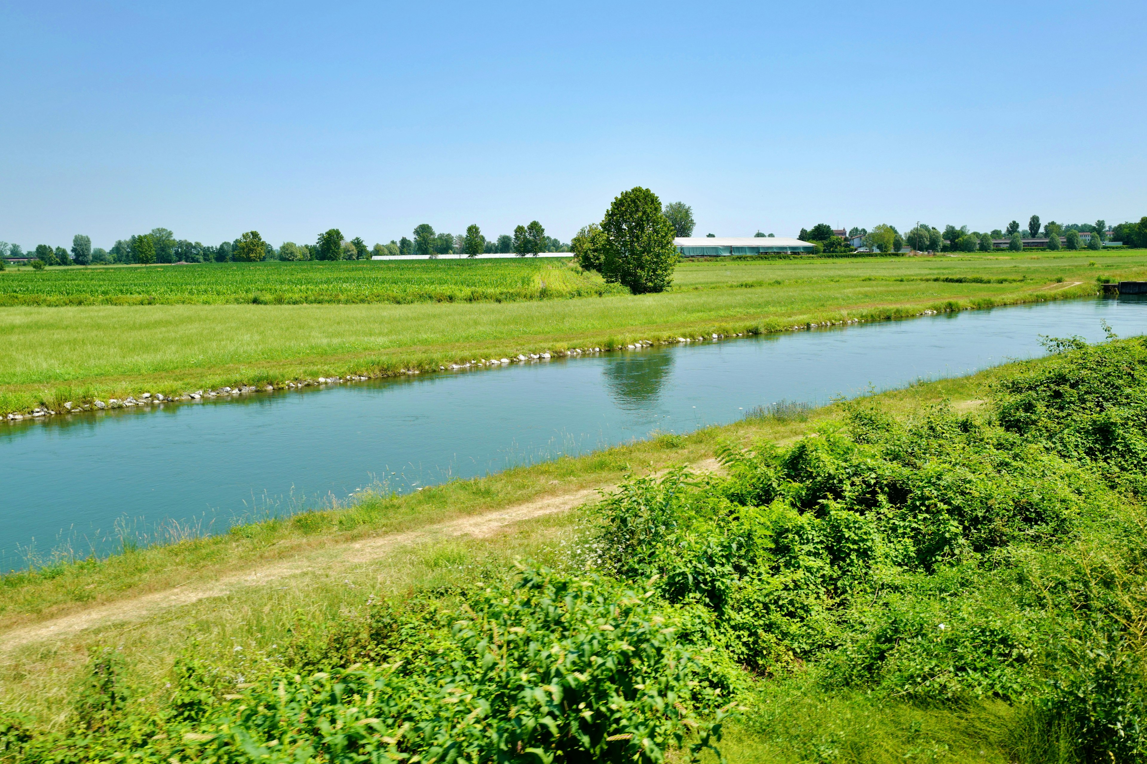 Pemandangan sungai yang tenang dikelilingi oleh ladang hijau dan langit biru