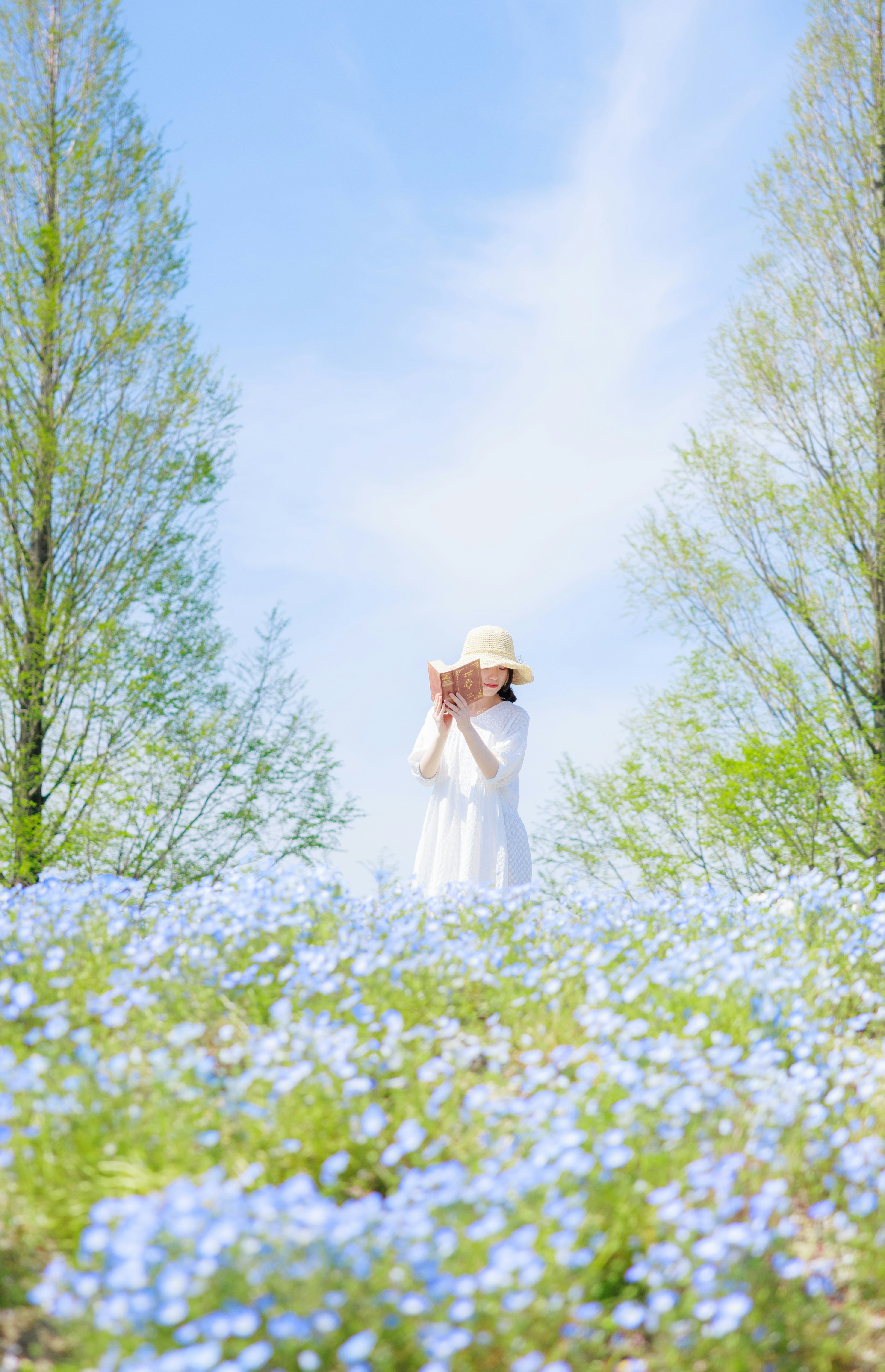 Une femme en robe blanche et chapeau marchant à travers un champ de fleurs bleues