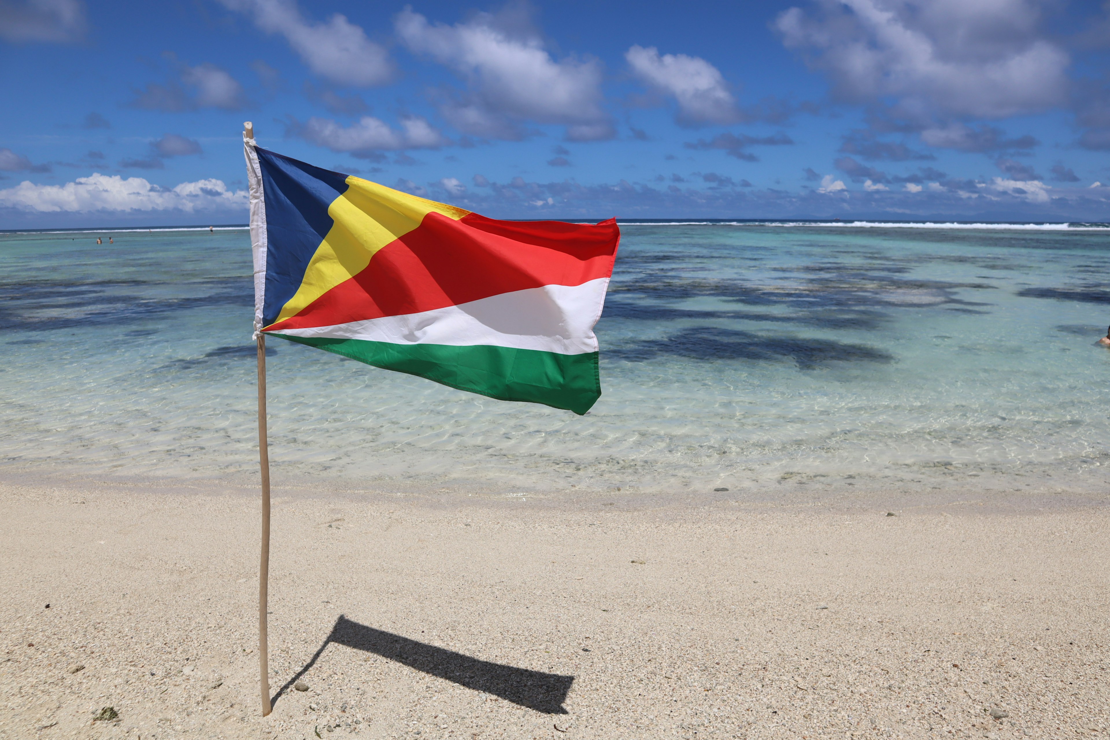 Seychelles flag waving on a beach with turquoise water