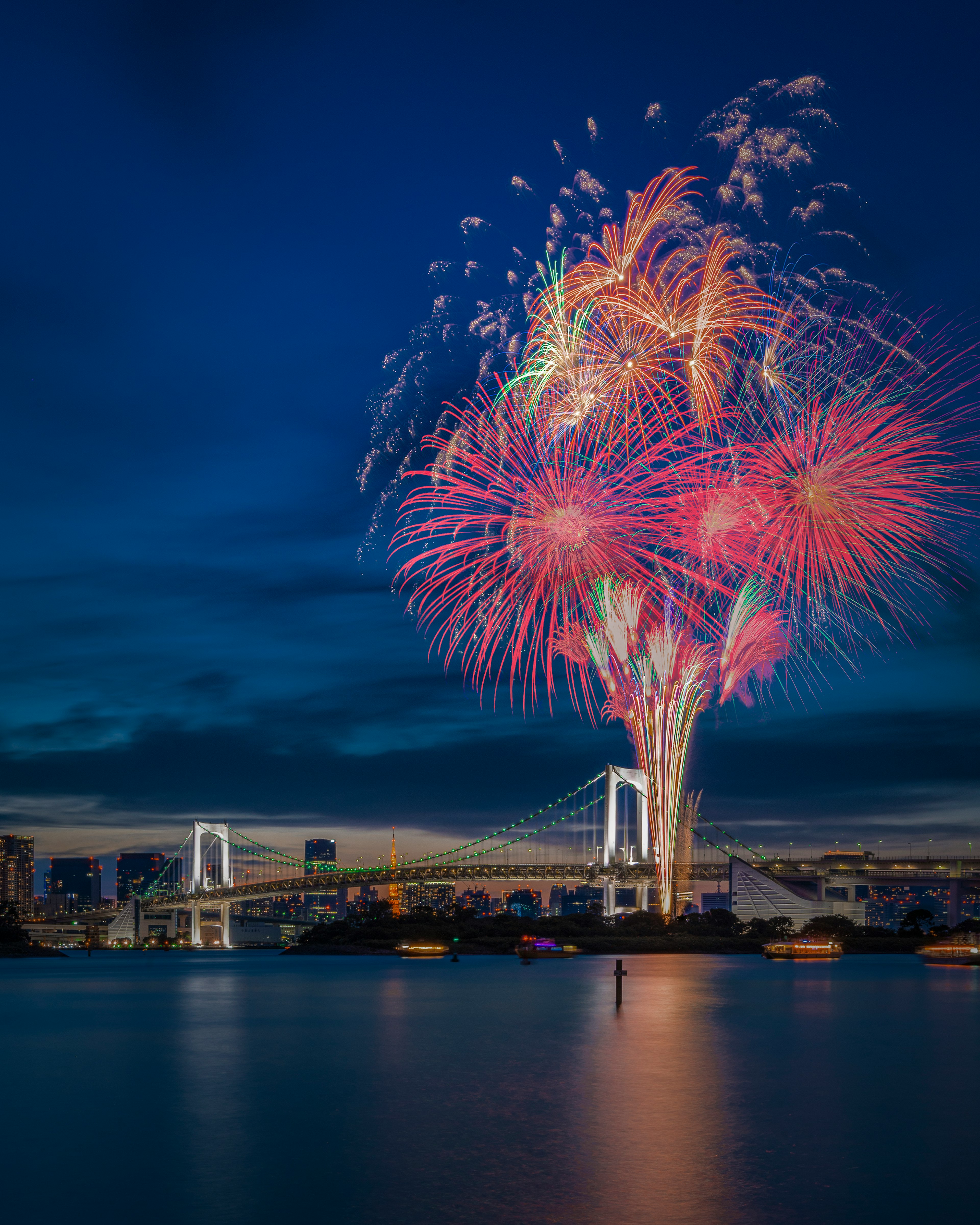 東京湾のレインボーブリッジの背後で花火が打ち上がる夜景