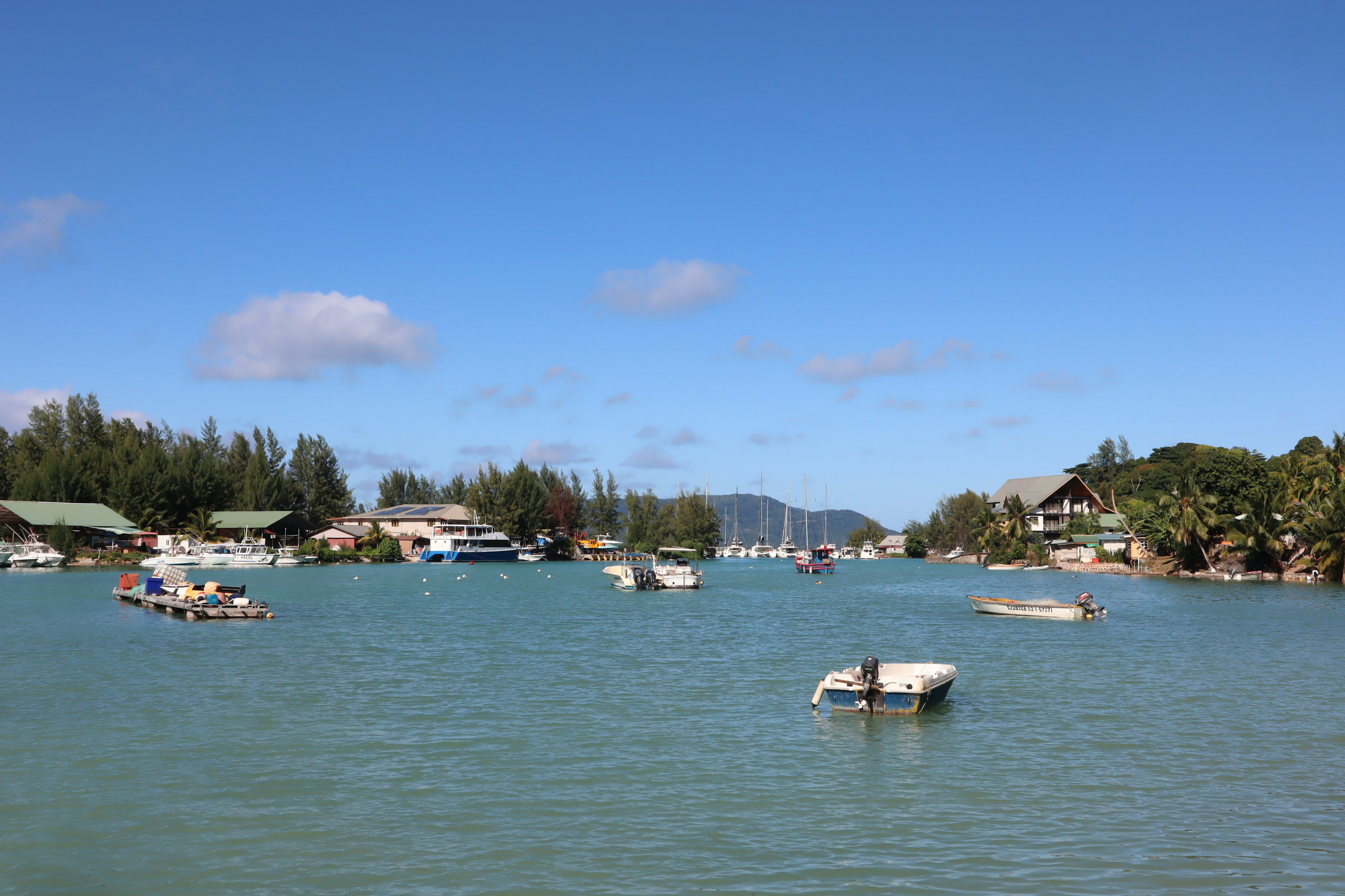 Scenic view of small boats on calm water with lush greenery along the shore