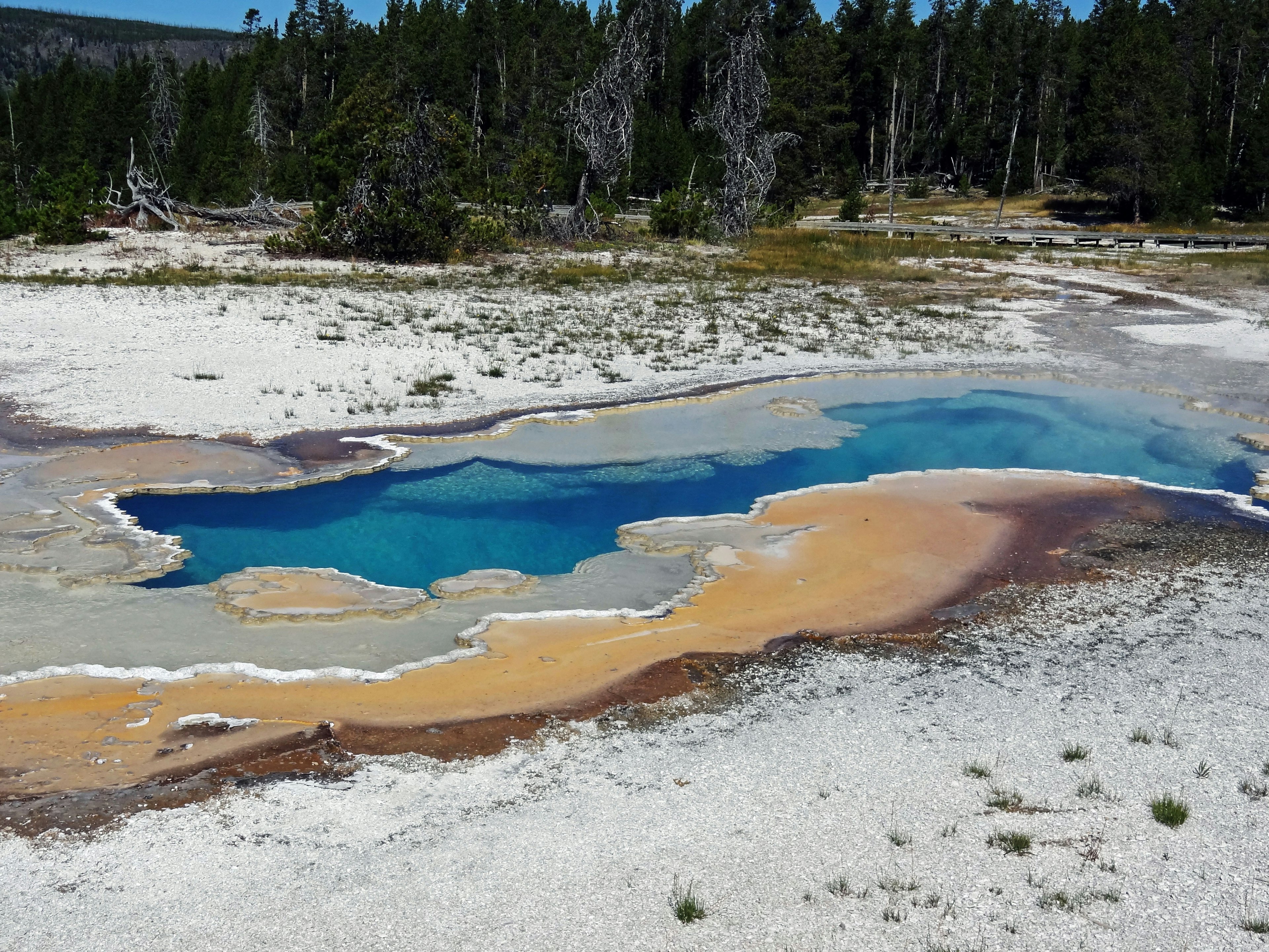 Kolam geotermal biru cerah di Taman Nasional Yellowstone dengan endapan mineral berwarna