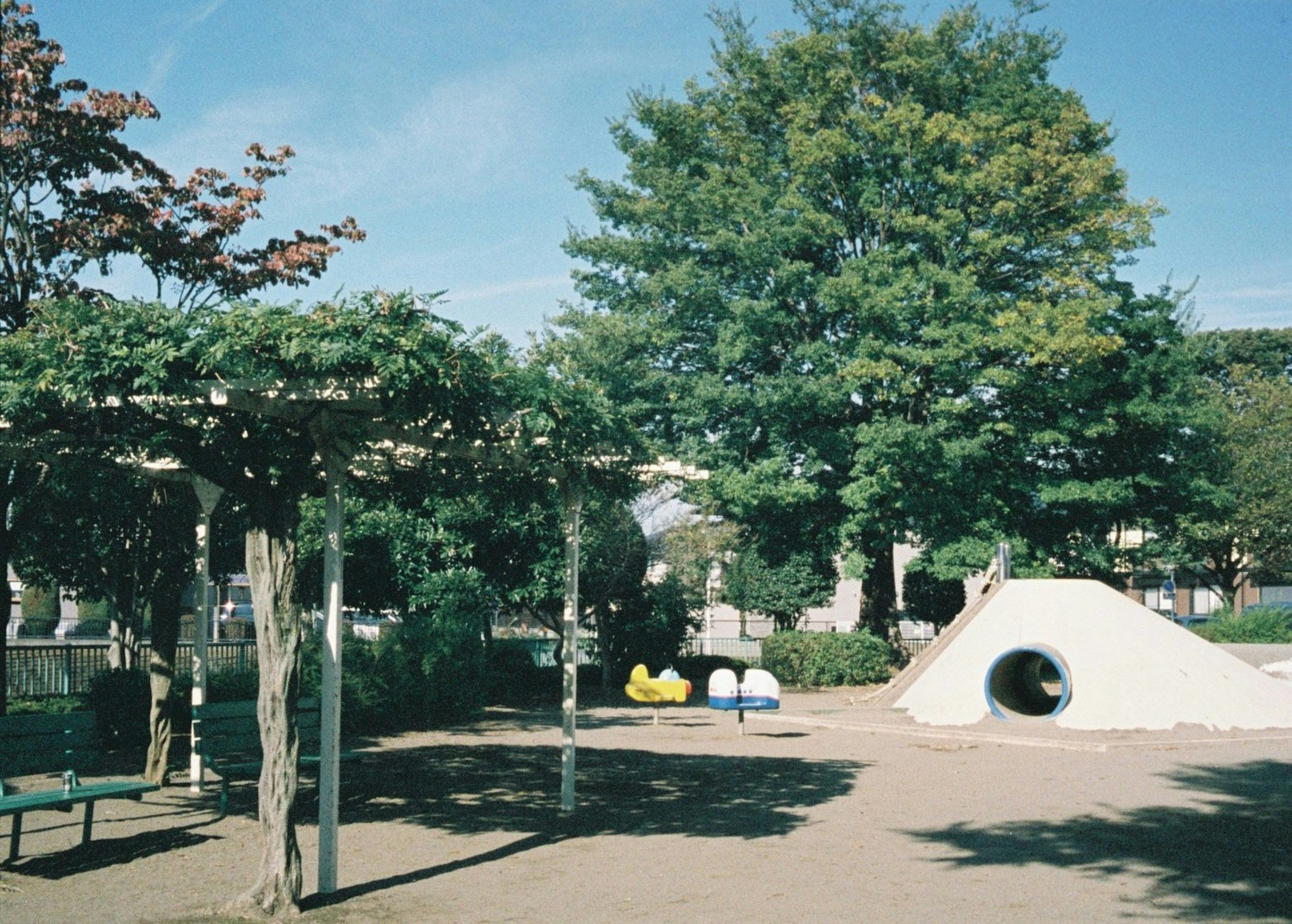 公園の遊び場にある遊具と緑の木々