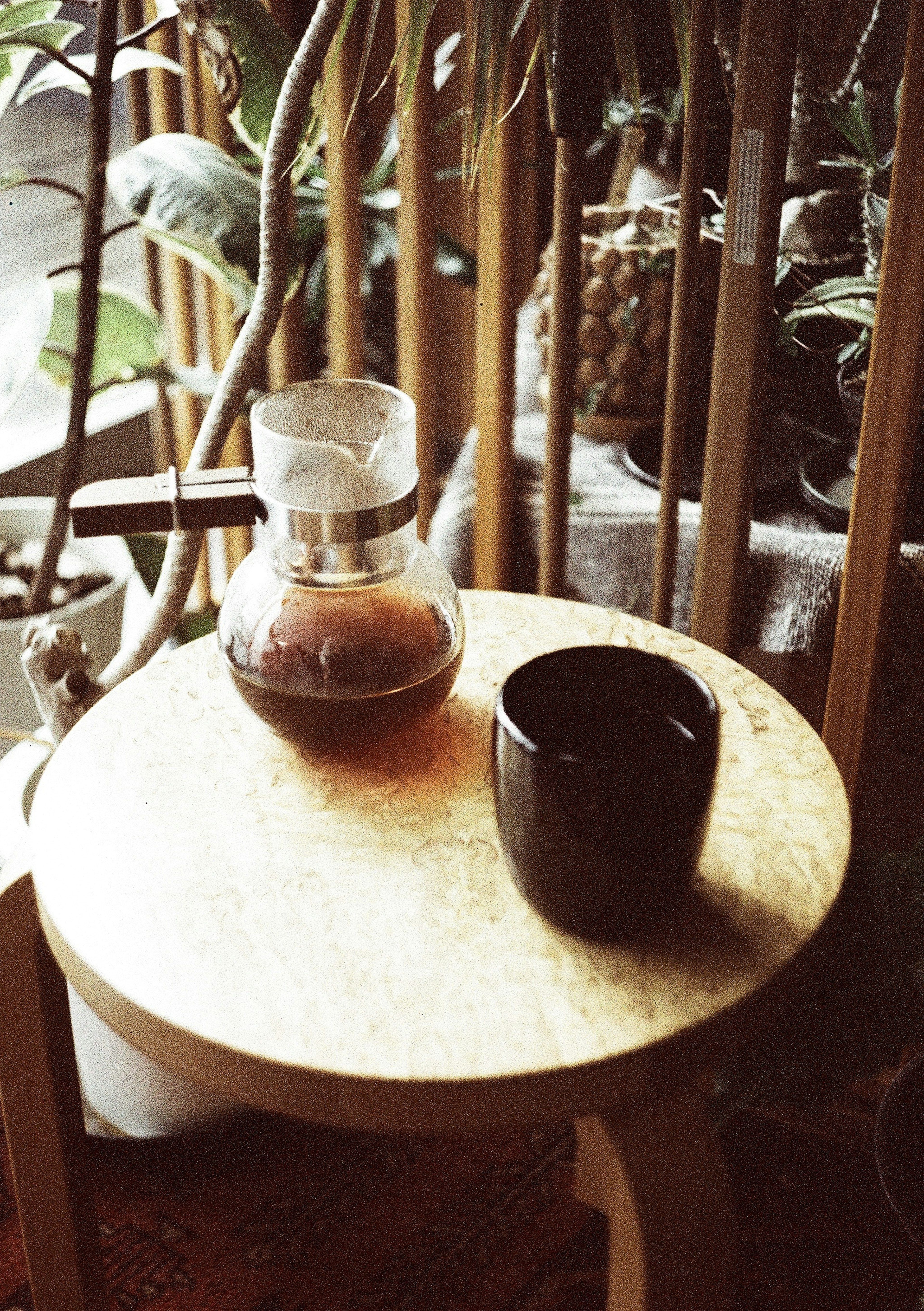 Café et tasse noire sur une petite table avec des plantes en arrière-plan créant une atmosphère chaleureuse