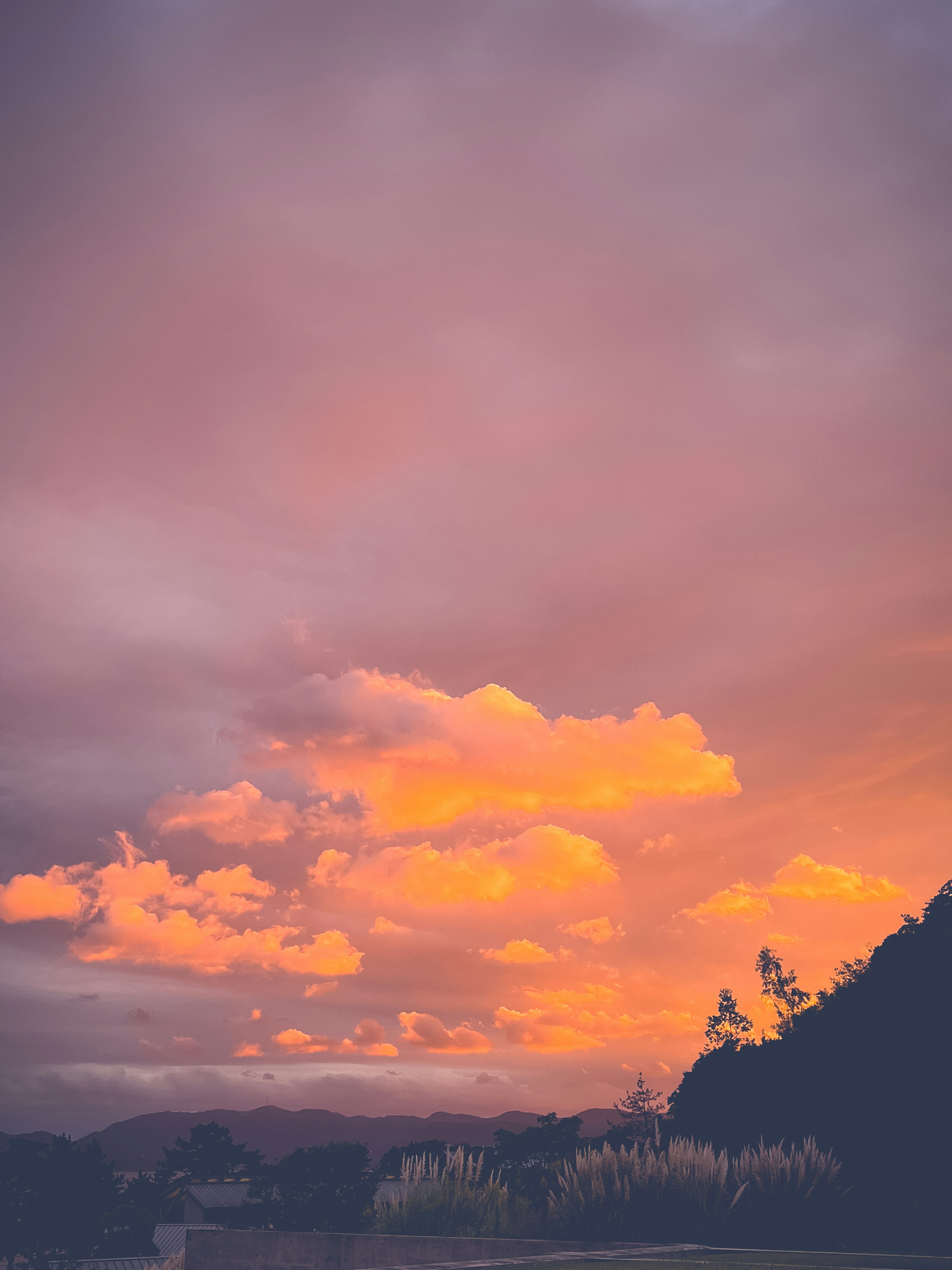 Hermoso paisaje con cielo al atardecer iluminando nubes naranjas